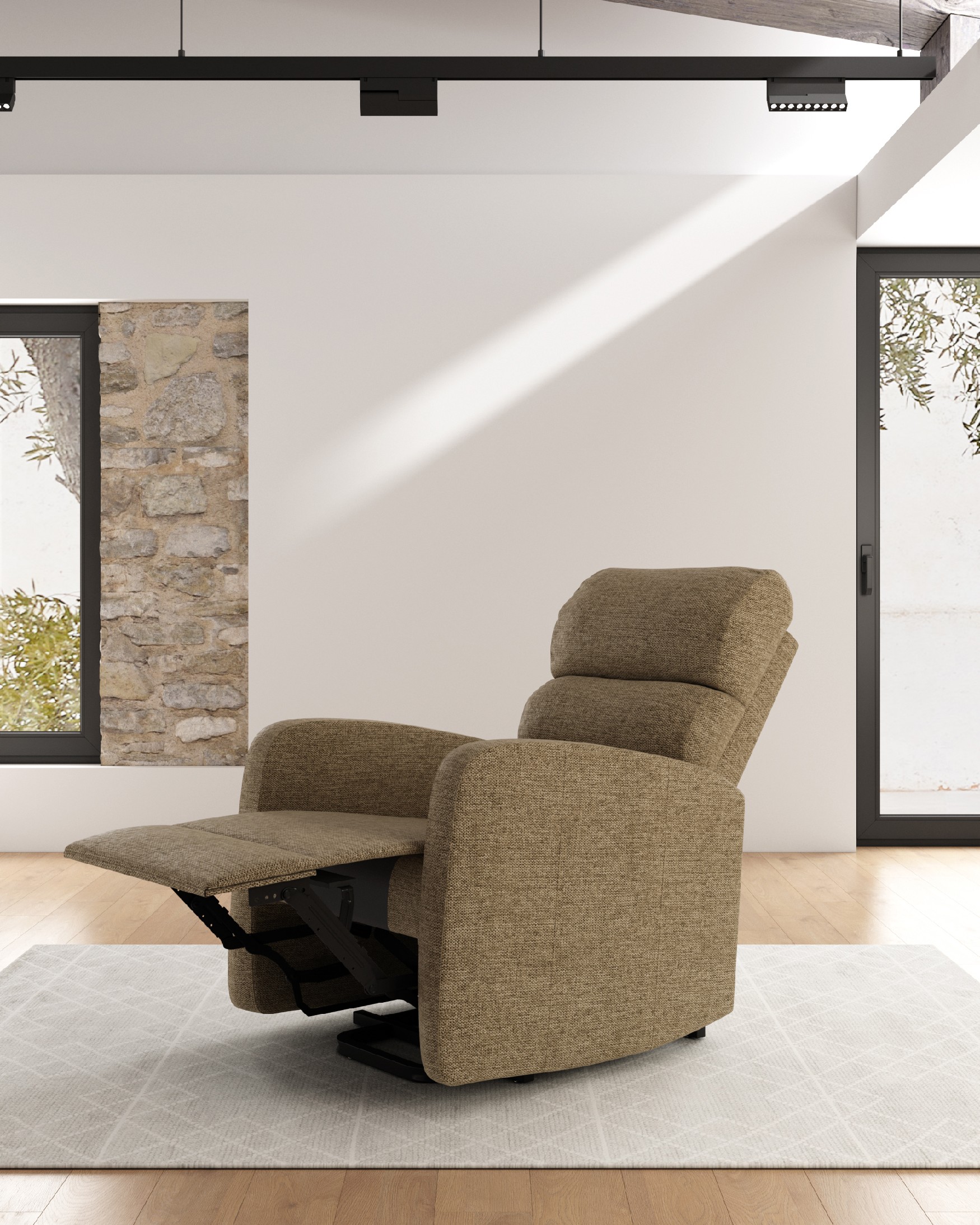 Manual recliner chair Elsa with earth upholstery and black metal legs