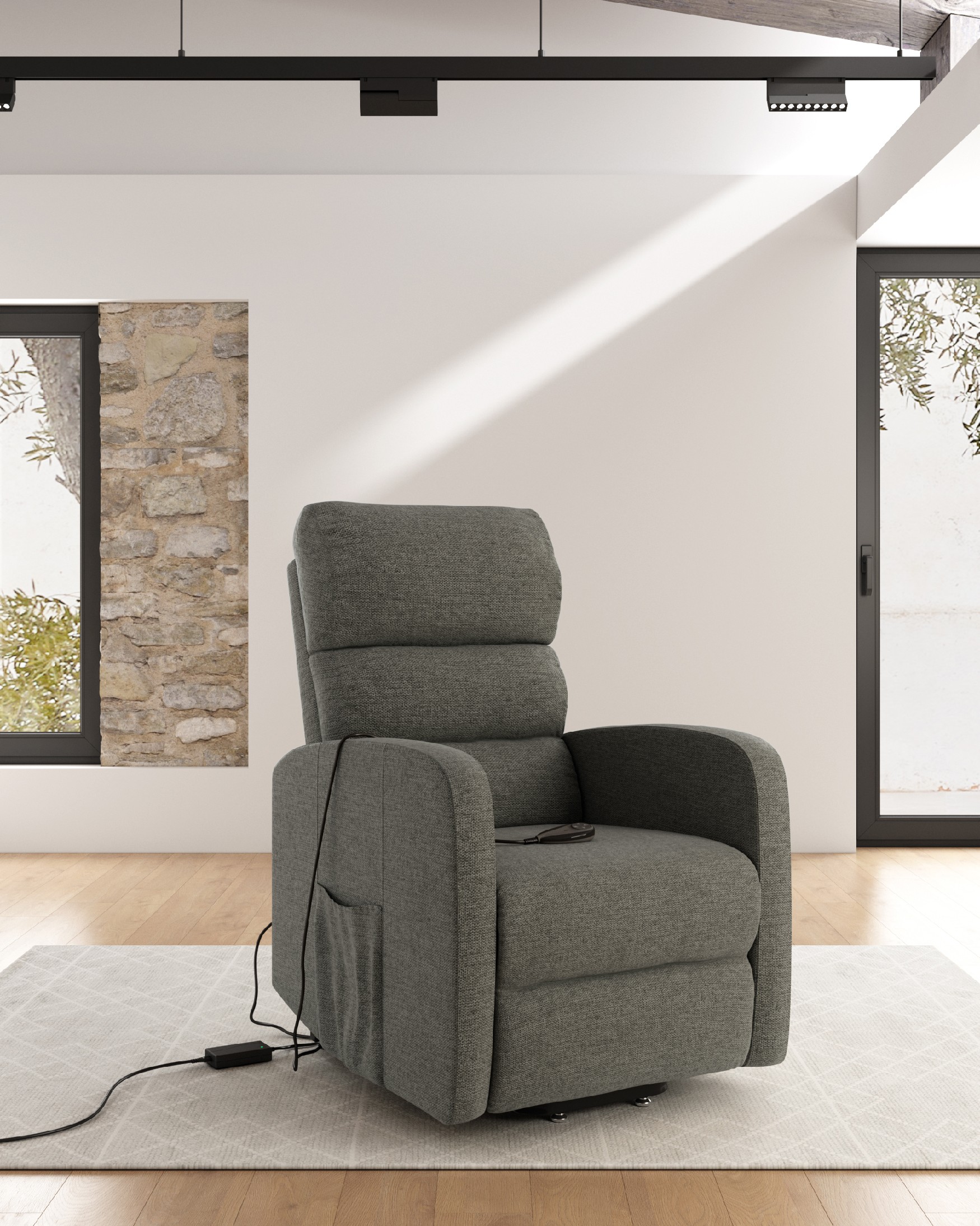 Electric power lift recliner chair Elsa with gray upholstery and black metal legs