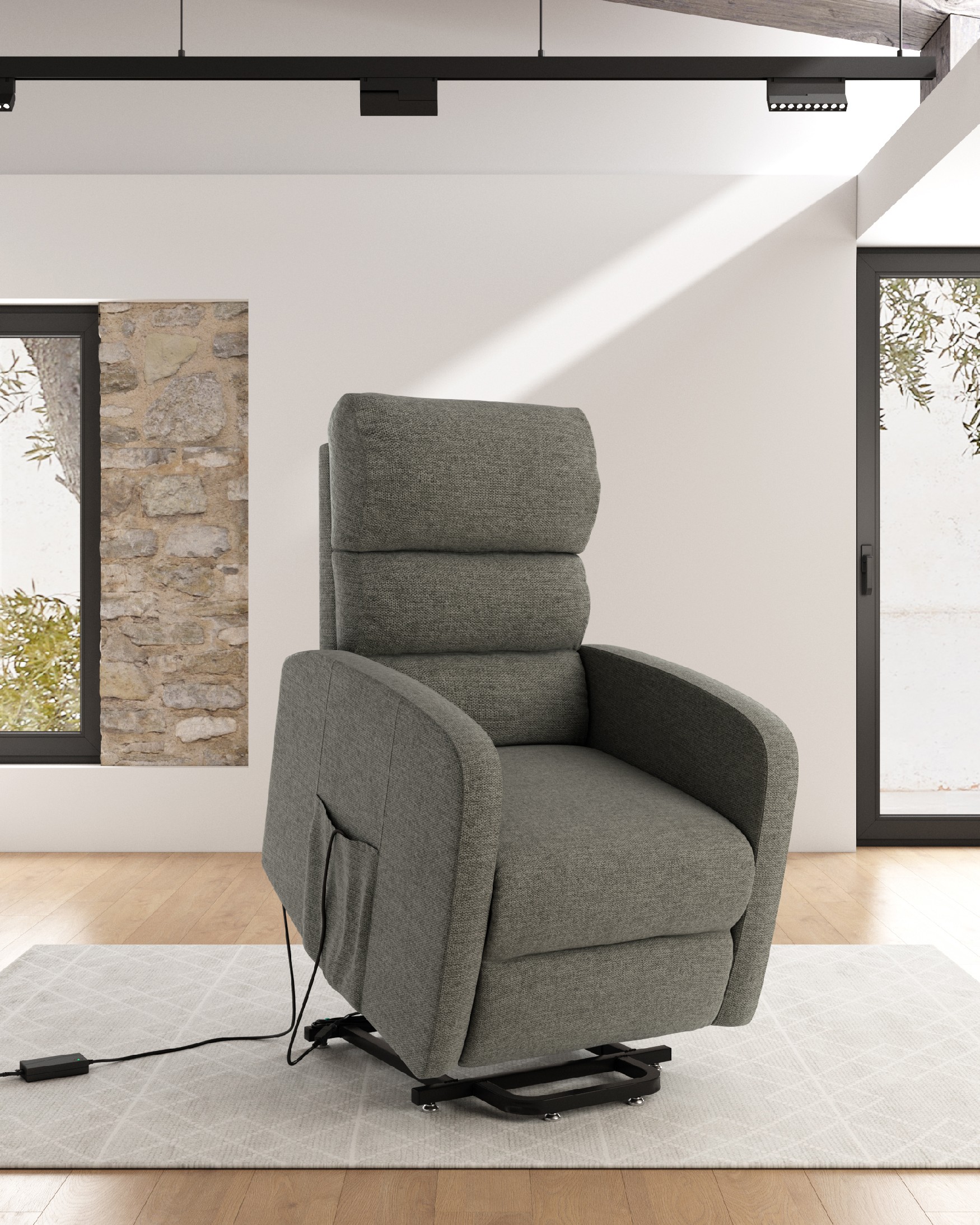 Electric power lift recliner chair Elsa with gray upholstery and black metal legs