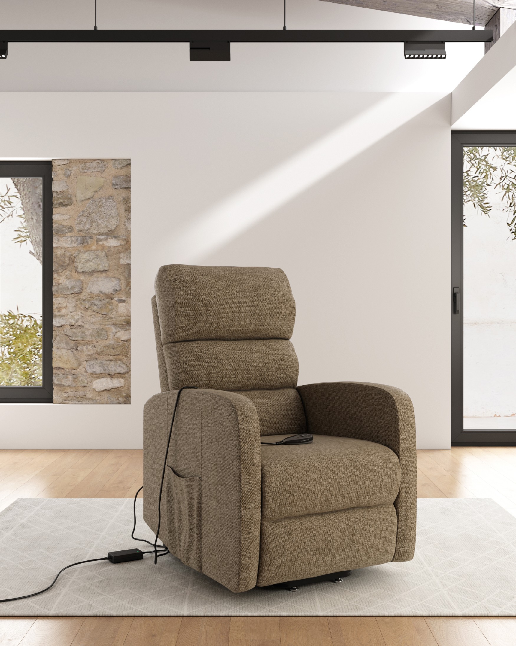 Electric power lift recliner chair Elsa with earth upholstery and black metal legs