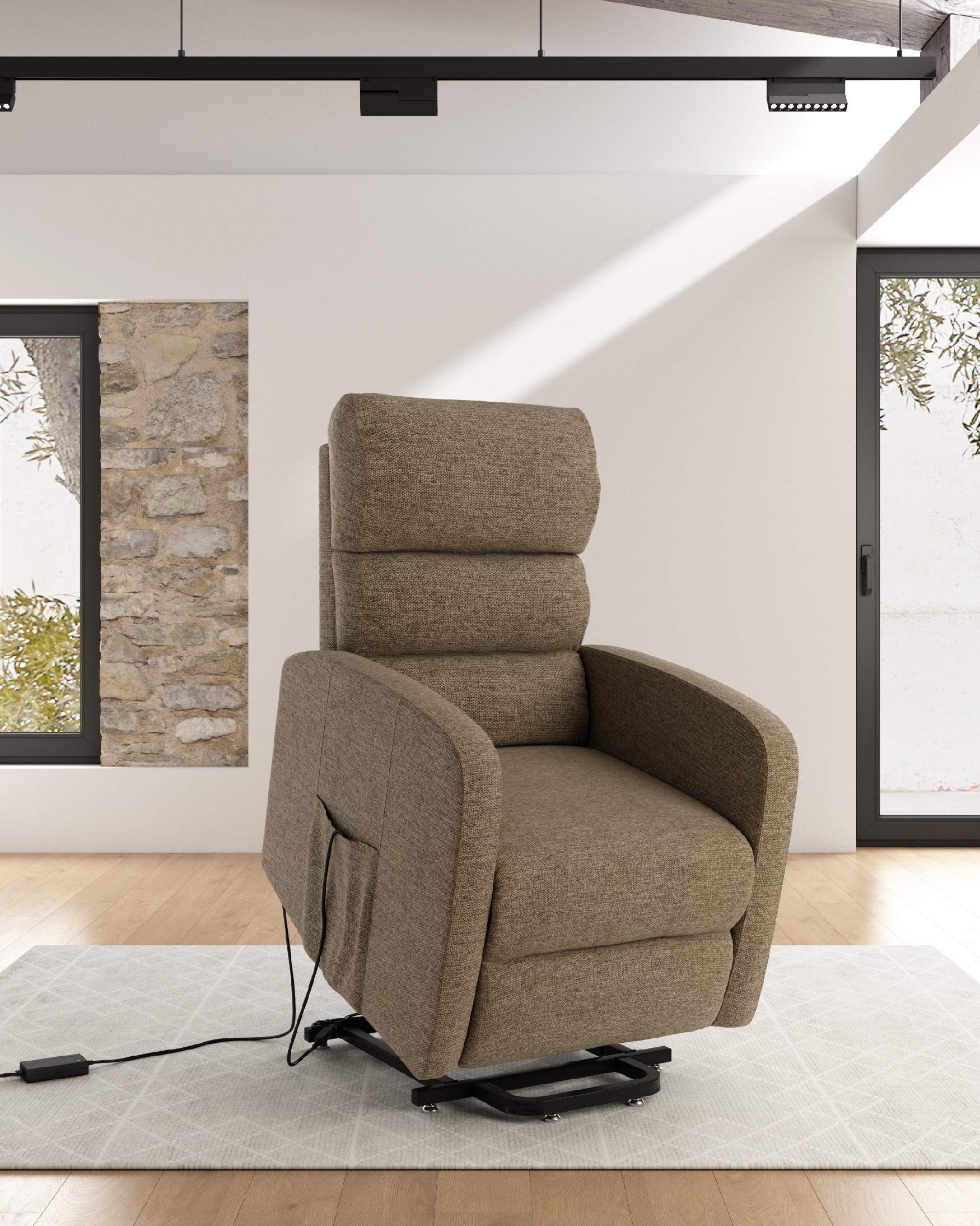 Electric power lift recliner chair Elsa with earth upholstery and black metal legs