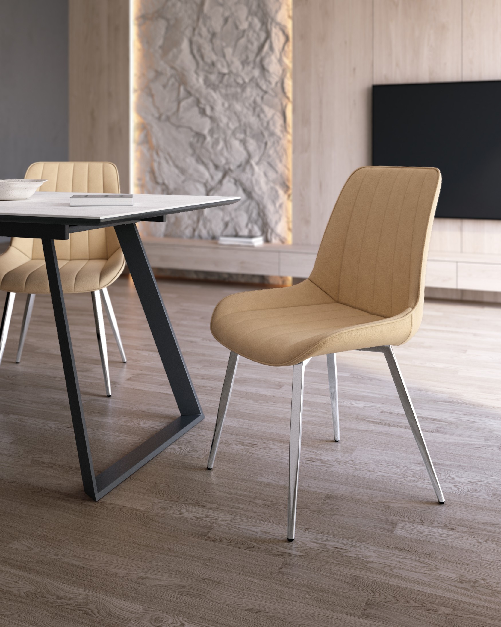 Chaise Istanbul avec revêtement crème et pieds chromés