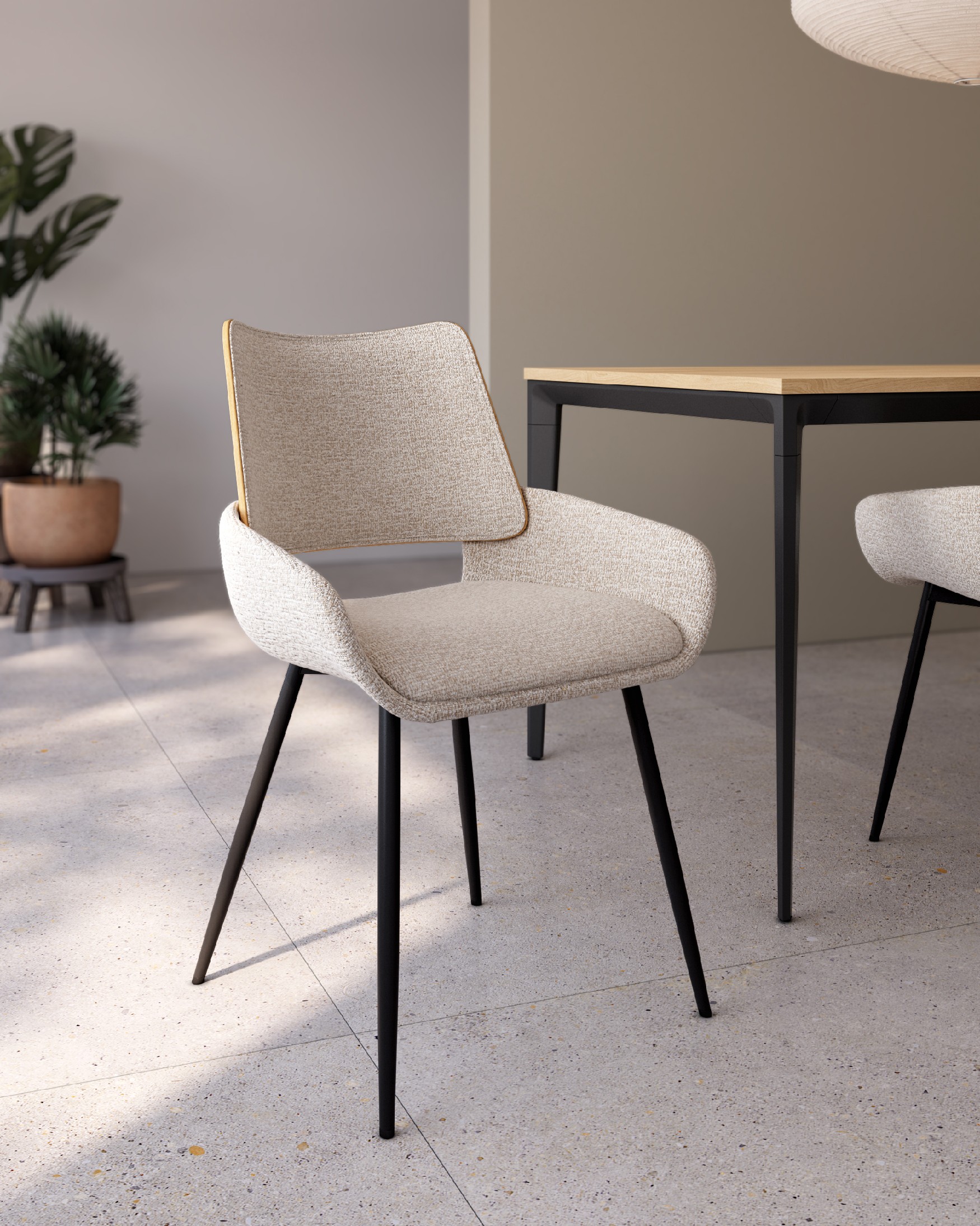 Eva chair upholstered with mother-of-pearl and natural oak frame