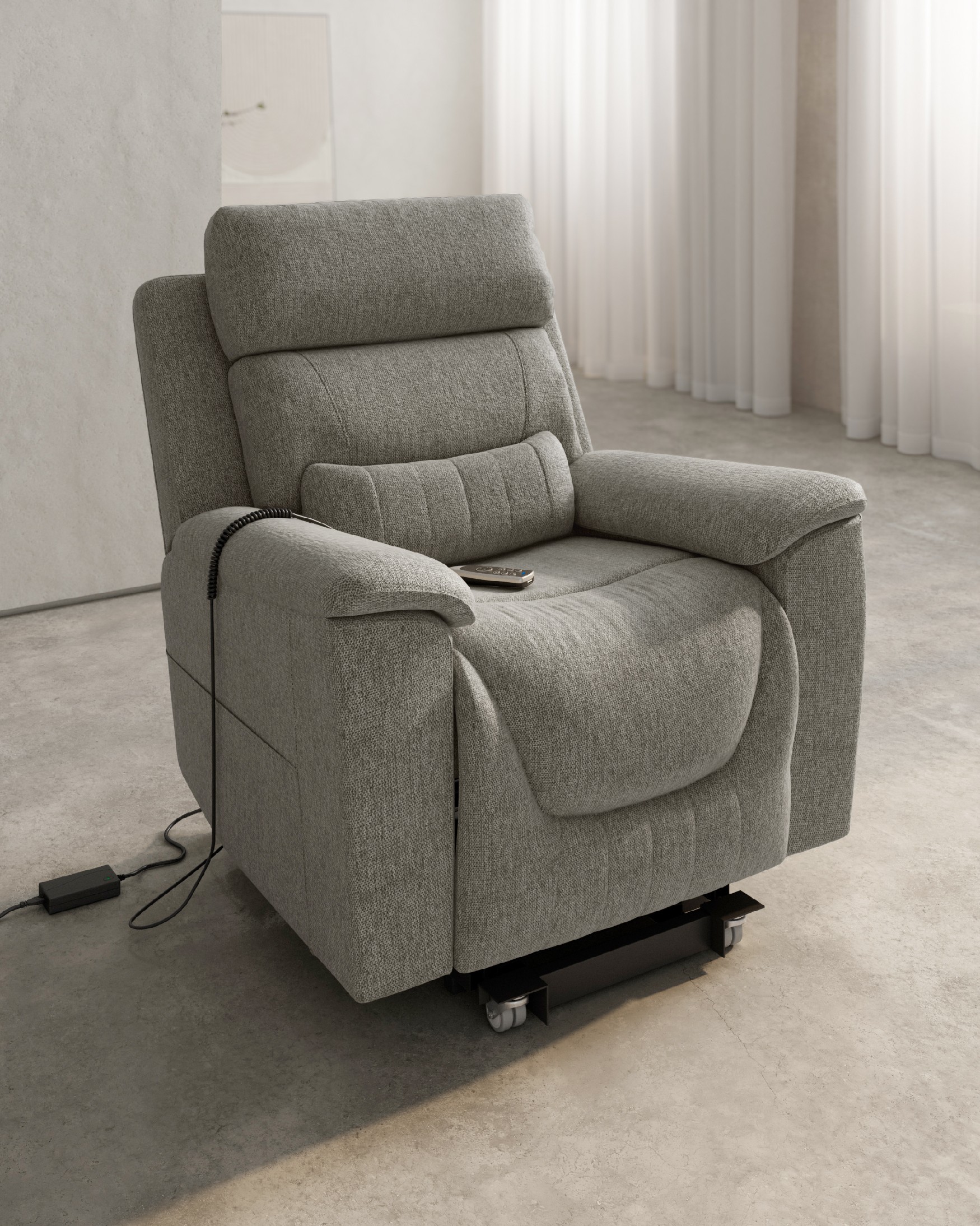 Fauteuil relax électrique Evita à 5 moteurs anti-gravité avec roues et tapissé gris