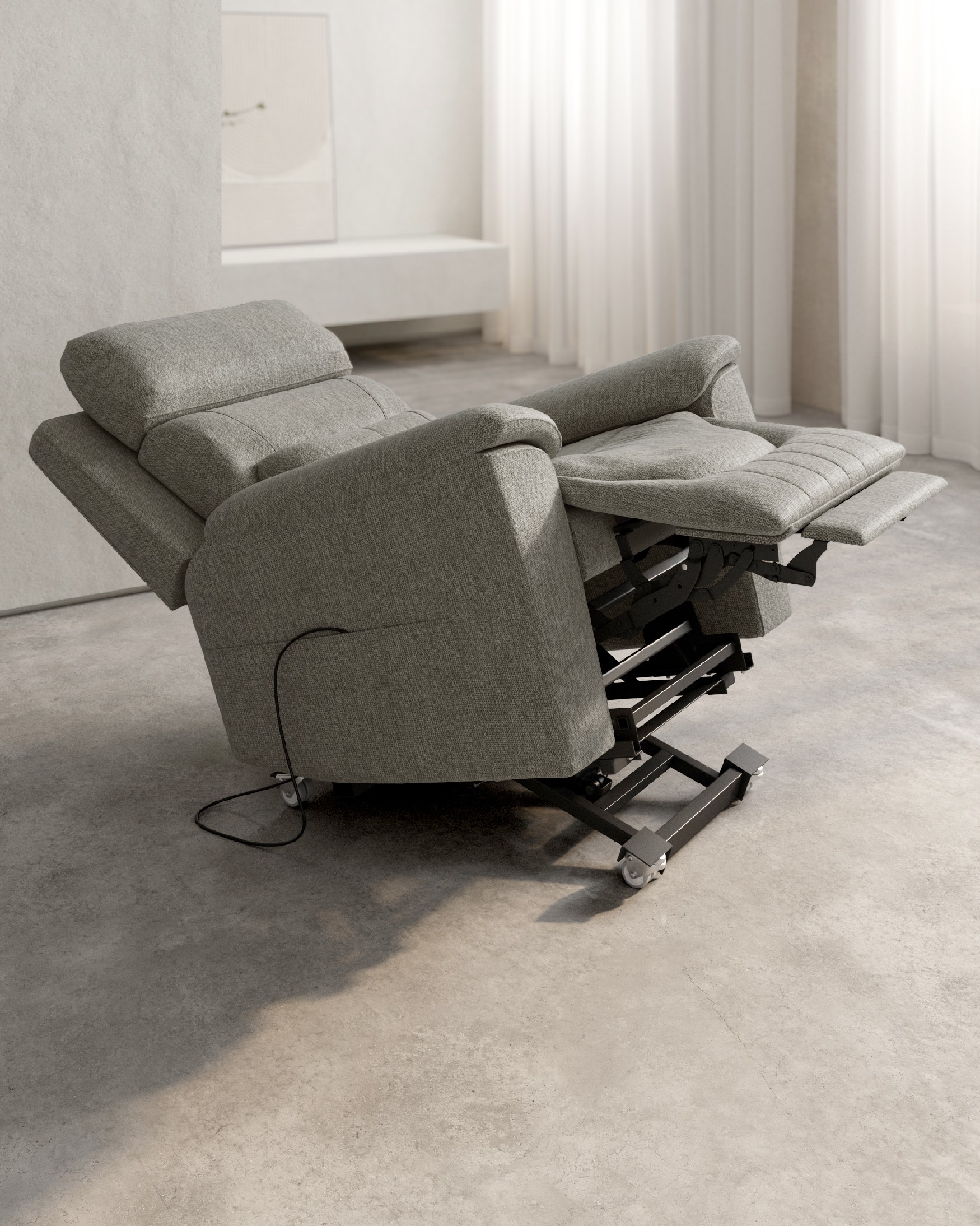 Fauteuil relax électrique Evita à 5 moteurs anti-gravité avec roues et tapissé gris