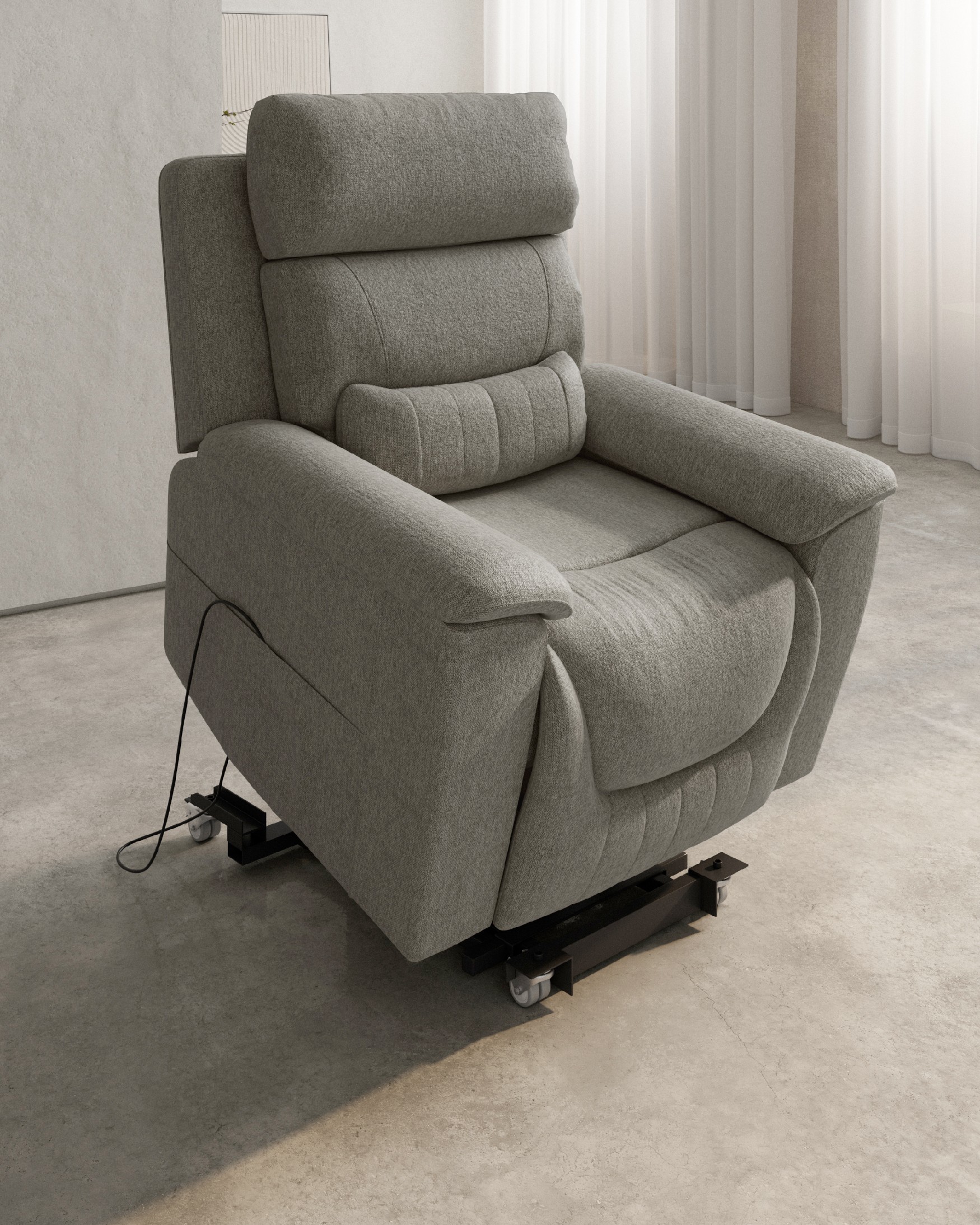 Fauteuil relax électrique Evita à 5 moteurs anti-gravité avec roues et tapissé gris