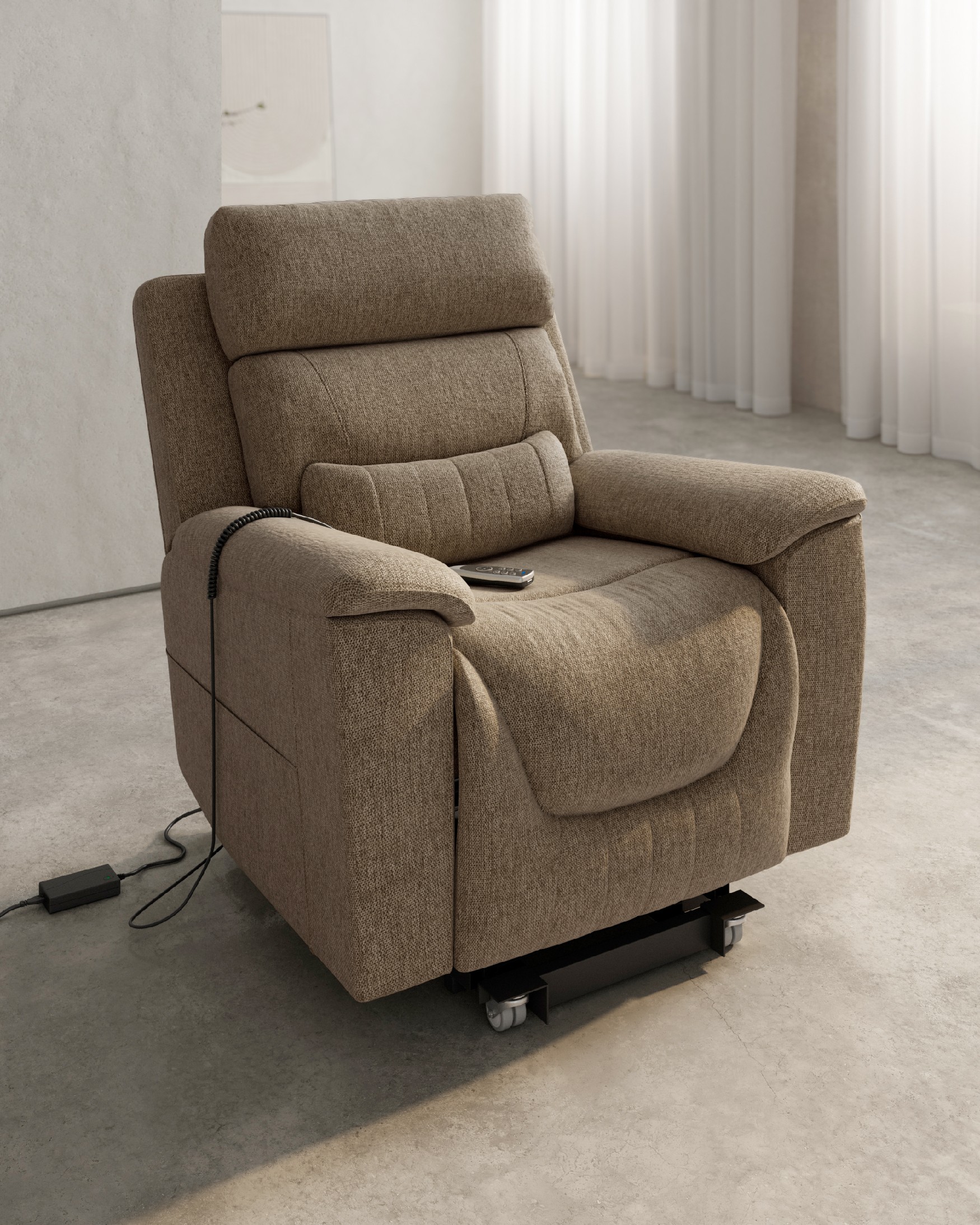 Fauteuil relax électrique Evita à 5 moteurs anti-gravité avec roues et tapissé terre