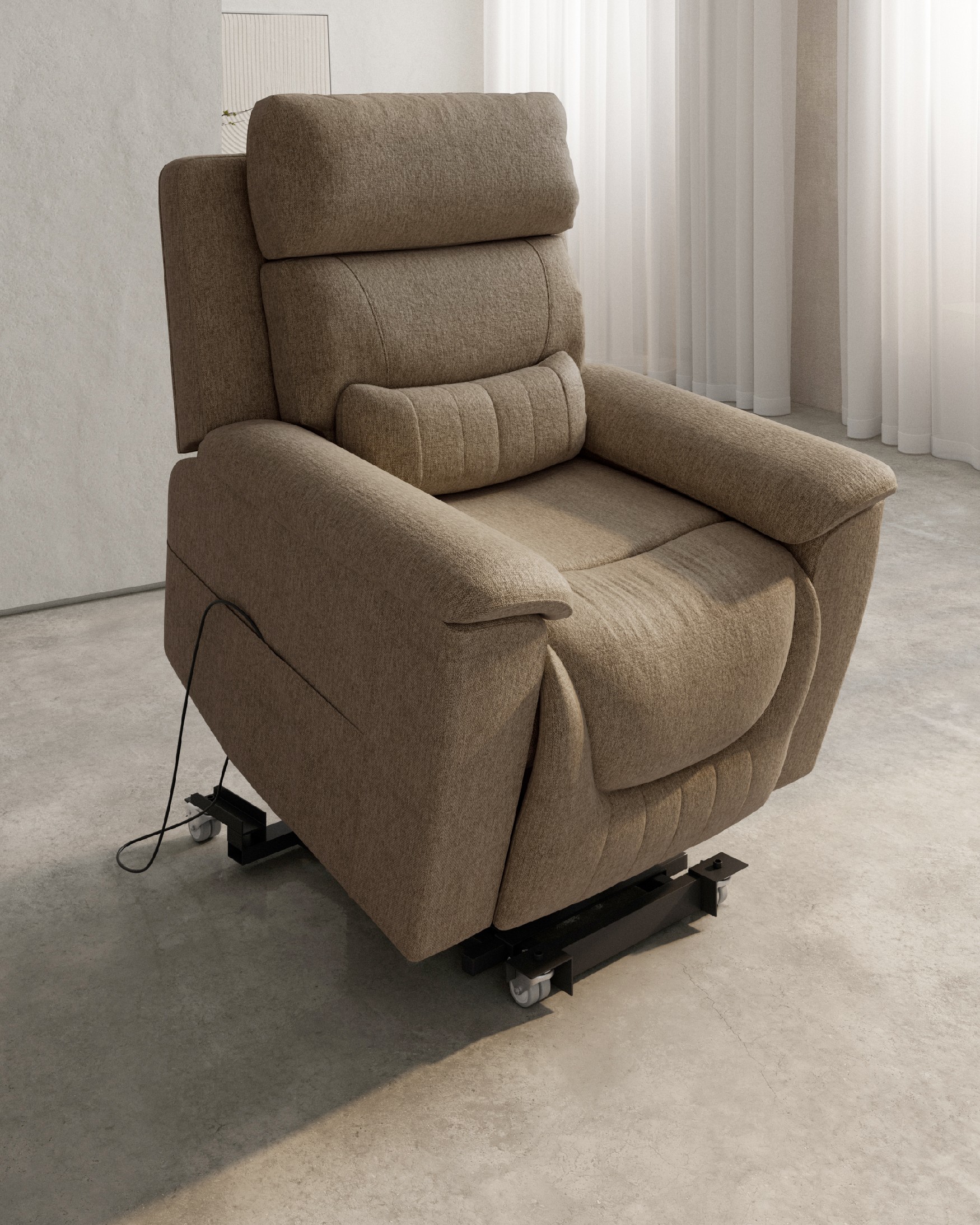 Fauteuil relax électrique Evita à 5 moteurs anti-gravité avec roues et tapissé terre
