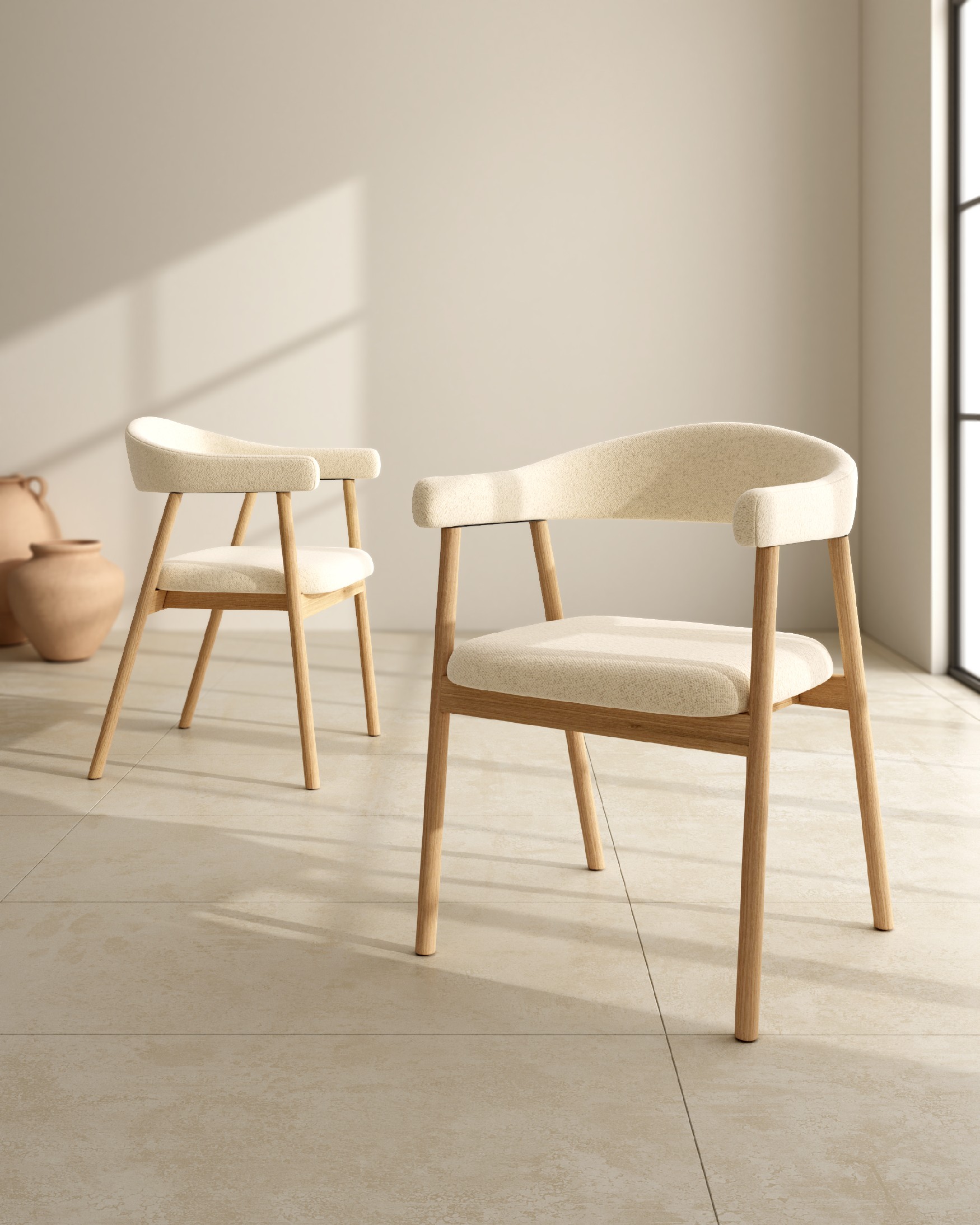Feng chair with wooden structure and ivory upholstery