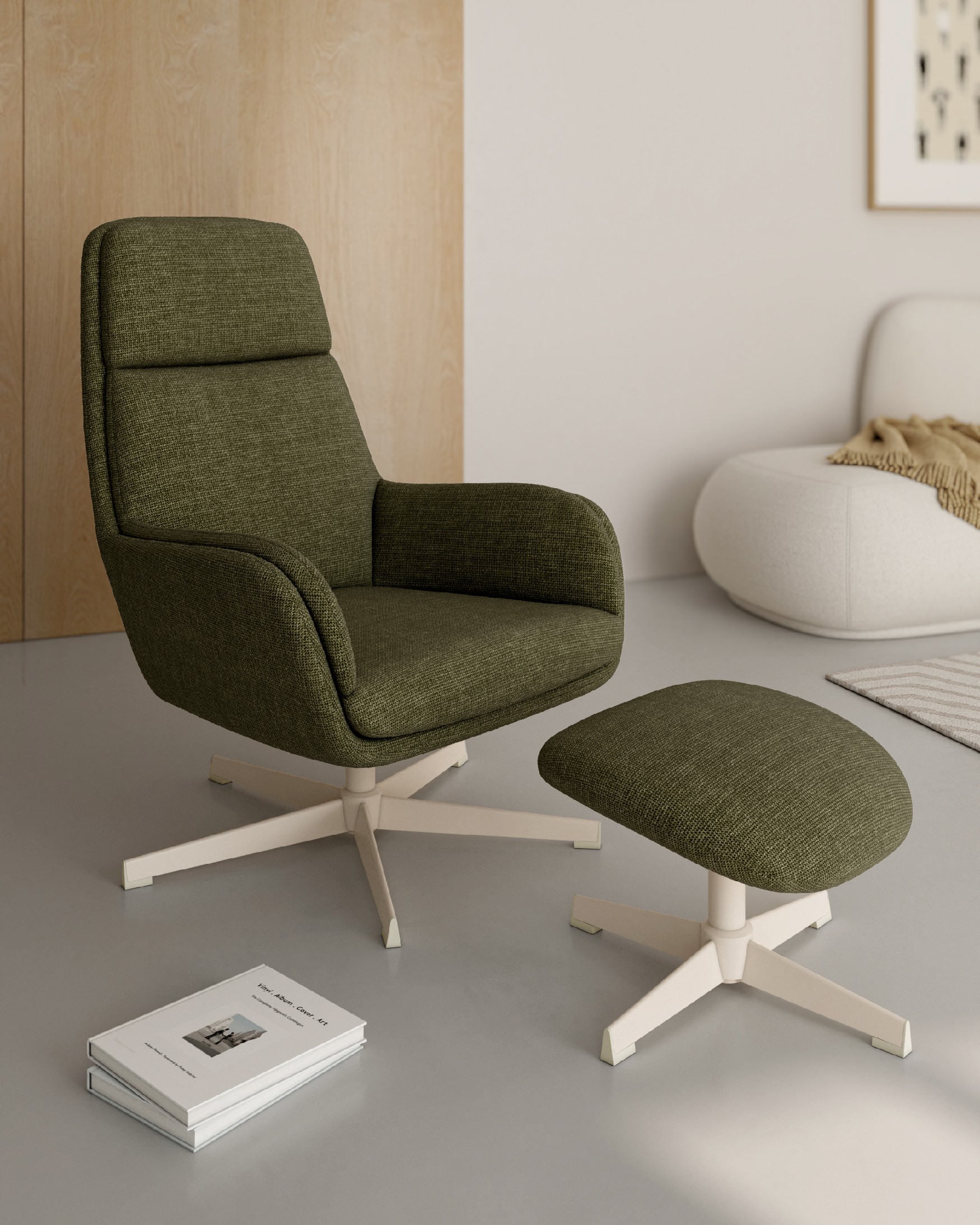 Swivel Armchair Figara with ivory structure and green upholstery