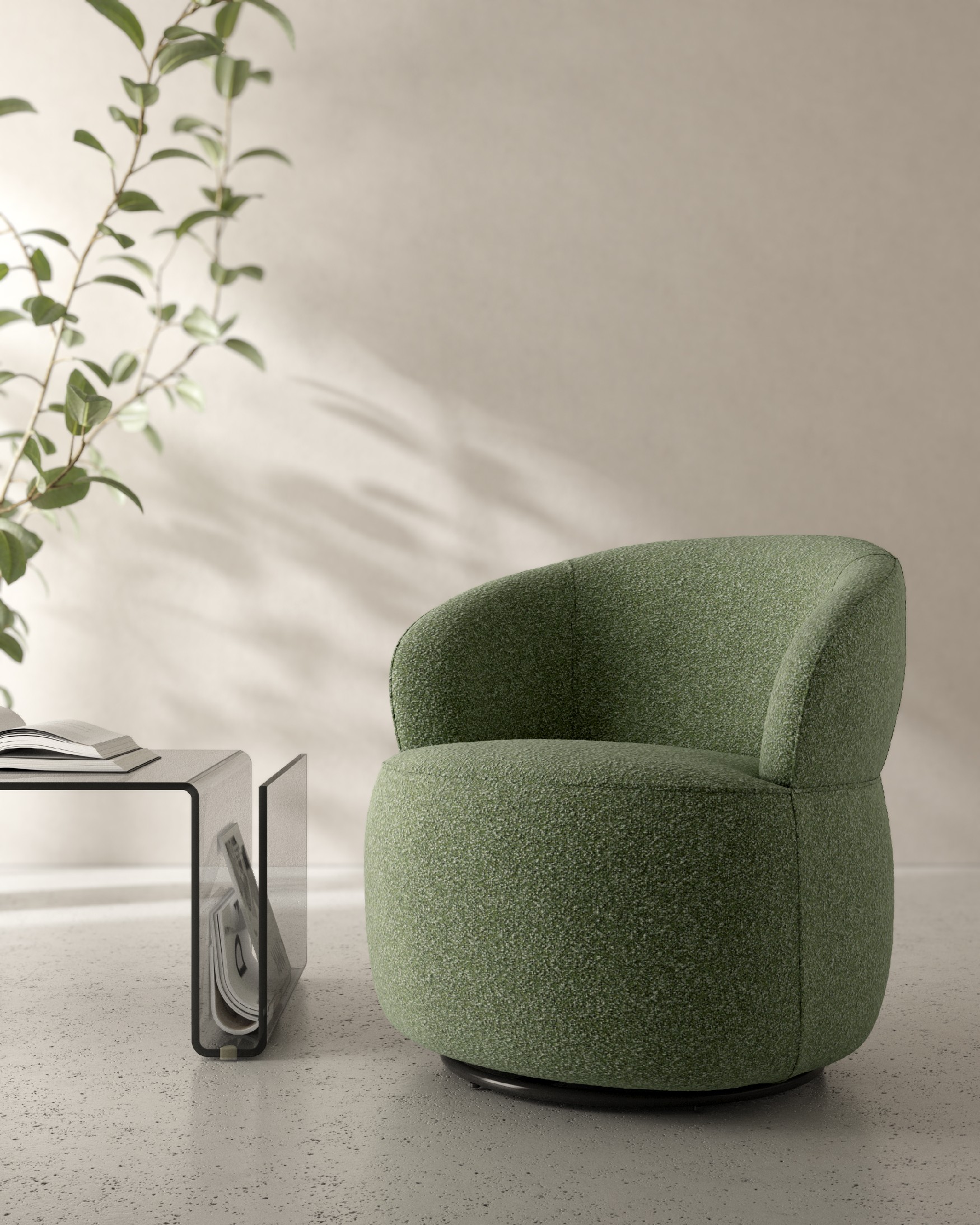 Fiora armchair with green upholstery, 360° swivel