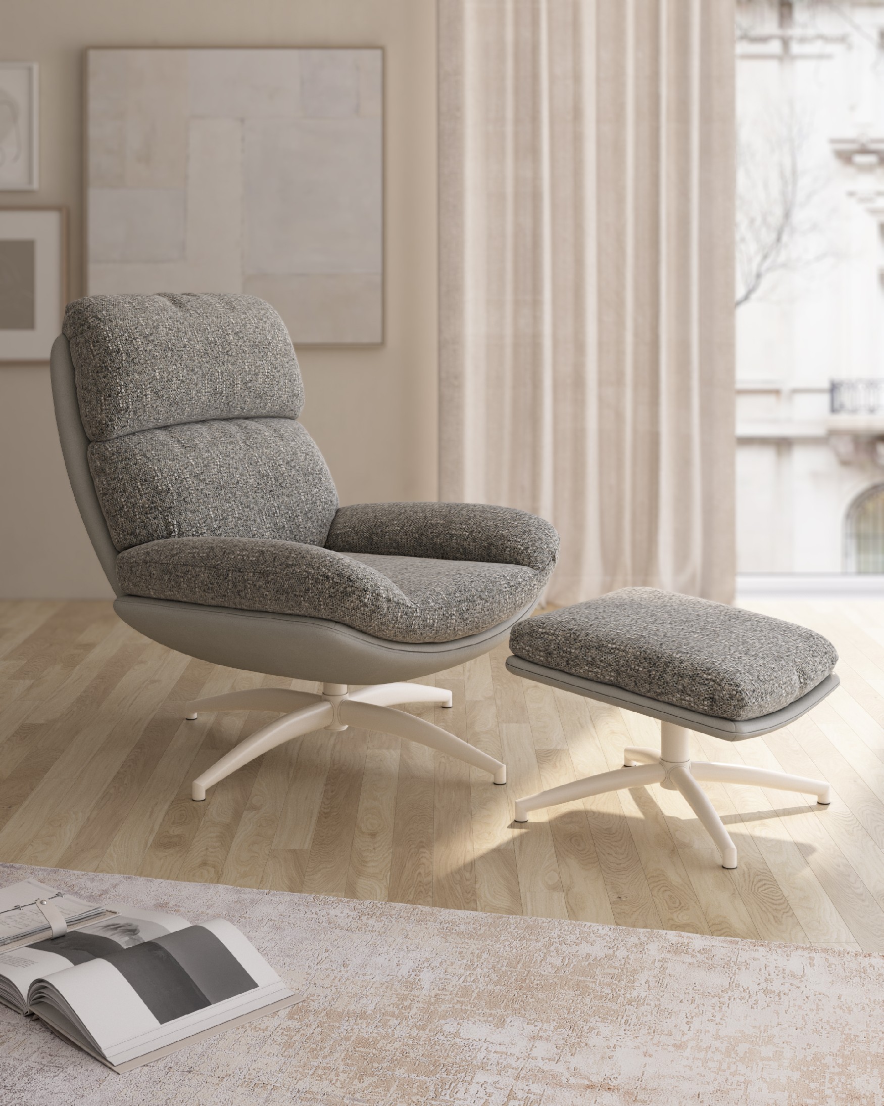 Fauteuil Fresia avec un revêtement gris et tempête avec un pouf à structure métallique ivoire, basculant et rotatif à 360°.