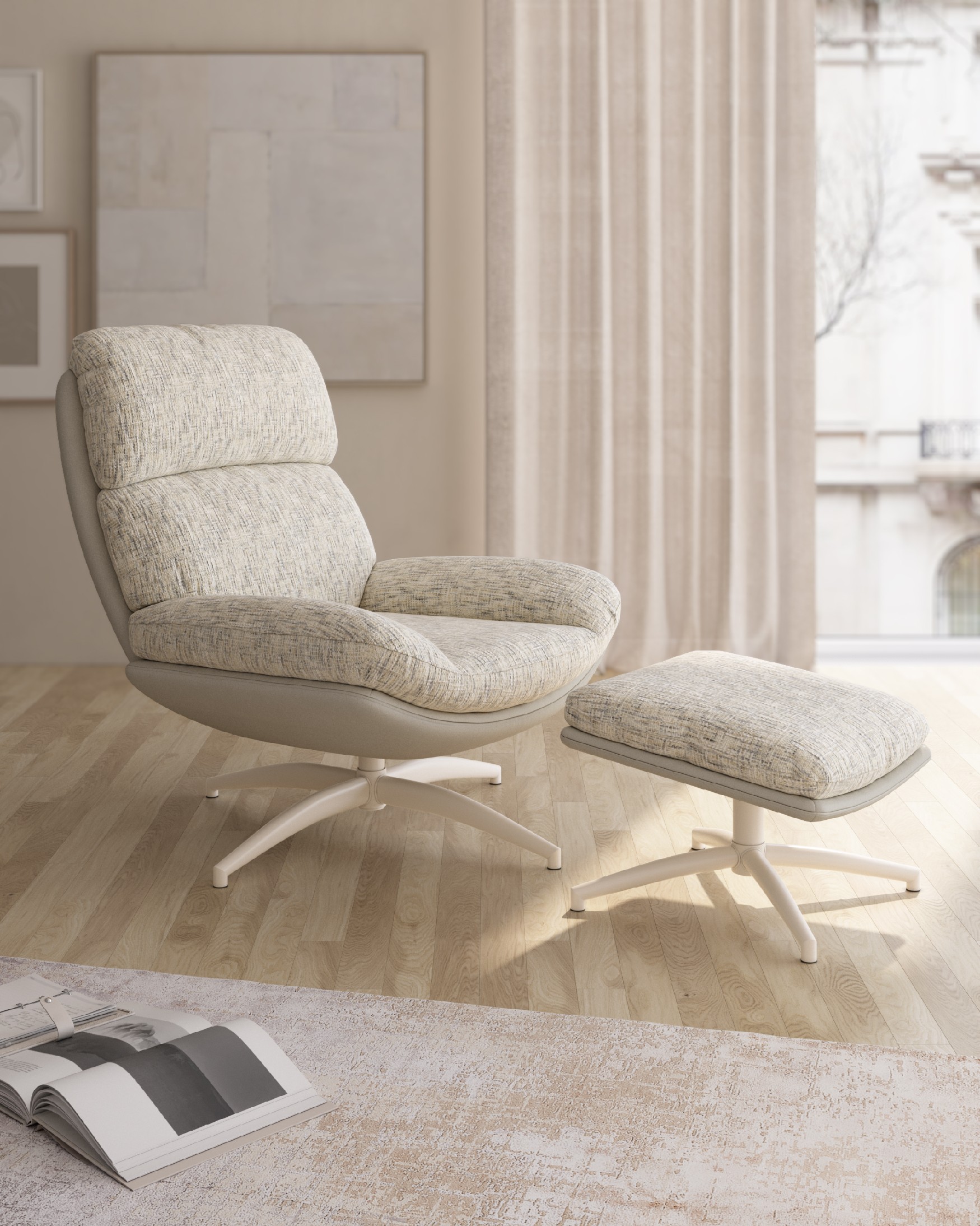 Fresia armchair with pearl and cloud upholstery and ivory metal structure ottoman, 360° rotating tilting.