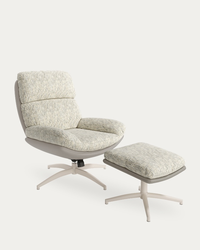 Fresia armchair with pearl and cloud upholstery and ivory metal structure ottoman, 360° rotating tilting.