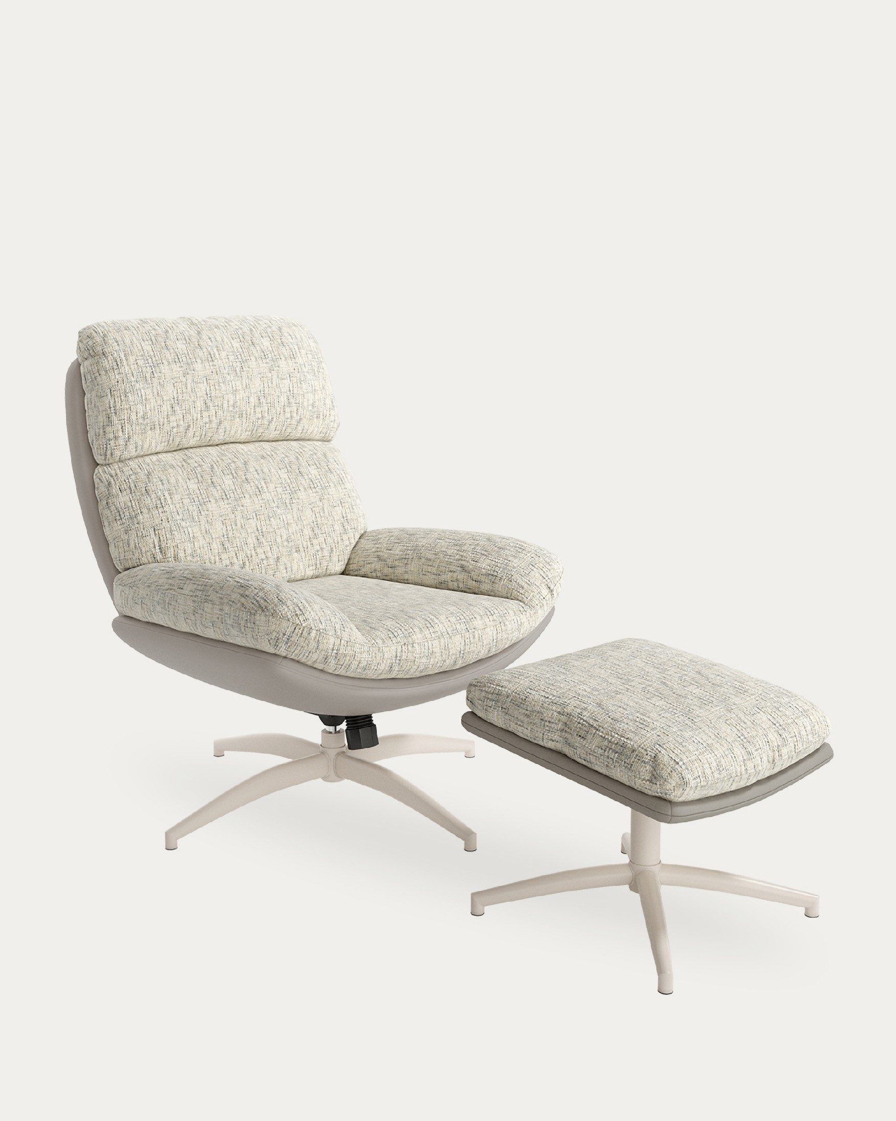 Fresia armchair with pearl and cloud upholstery and ivory metal structure ottoman, 360° rotating tilting.