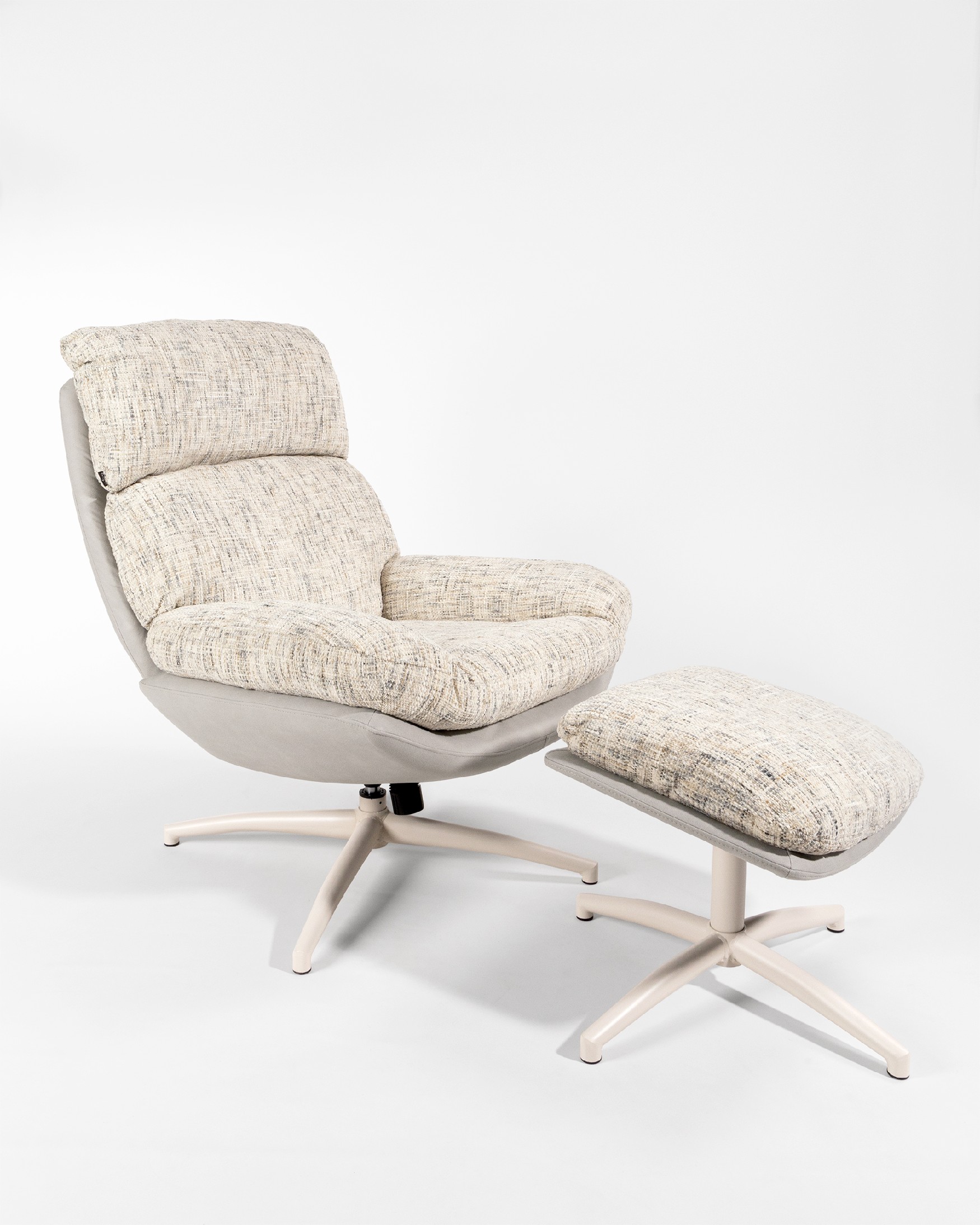 Fresia armchair with pearl and cloud upholstery and ivory metal structure ottoman, 360° rotating tilting.