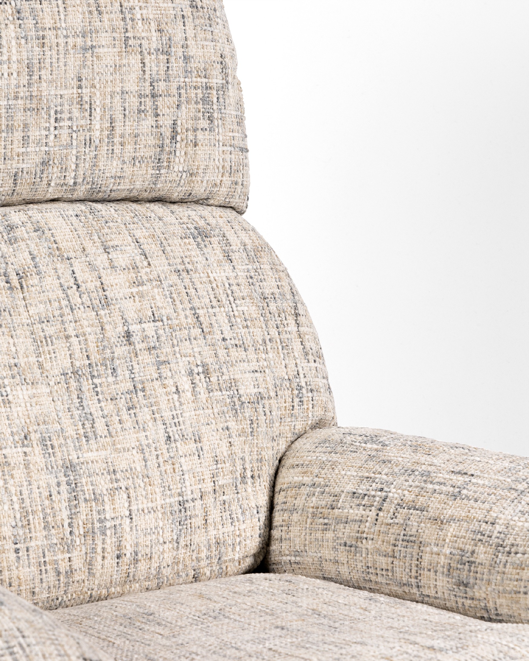 Fresia armchair with pearl and cloud upholstery and ivory metal structure ottoman, 360° rotating tilting.