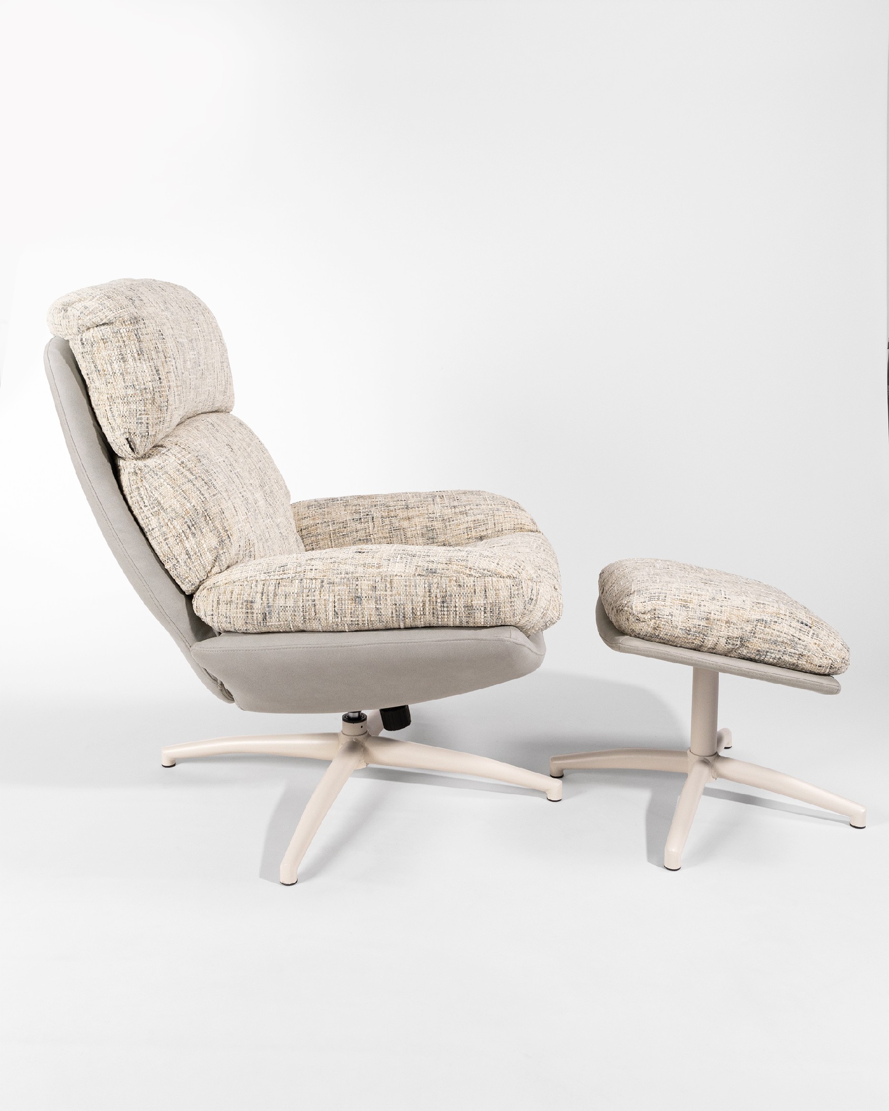 Fresia armchair with pearl and cloud upholstery and ivory metal structure ottoman, 360° rotating tilting.
