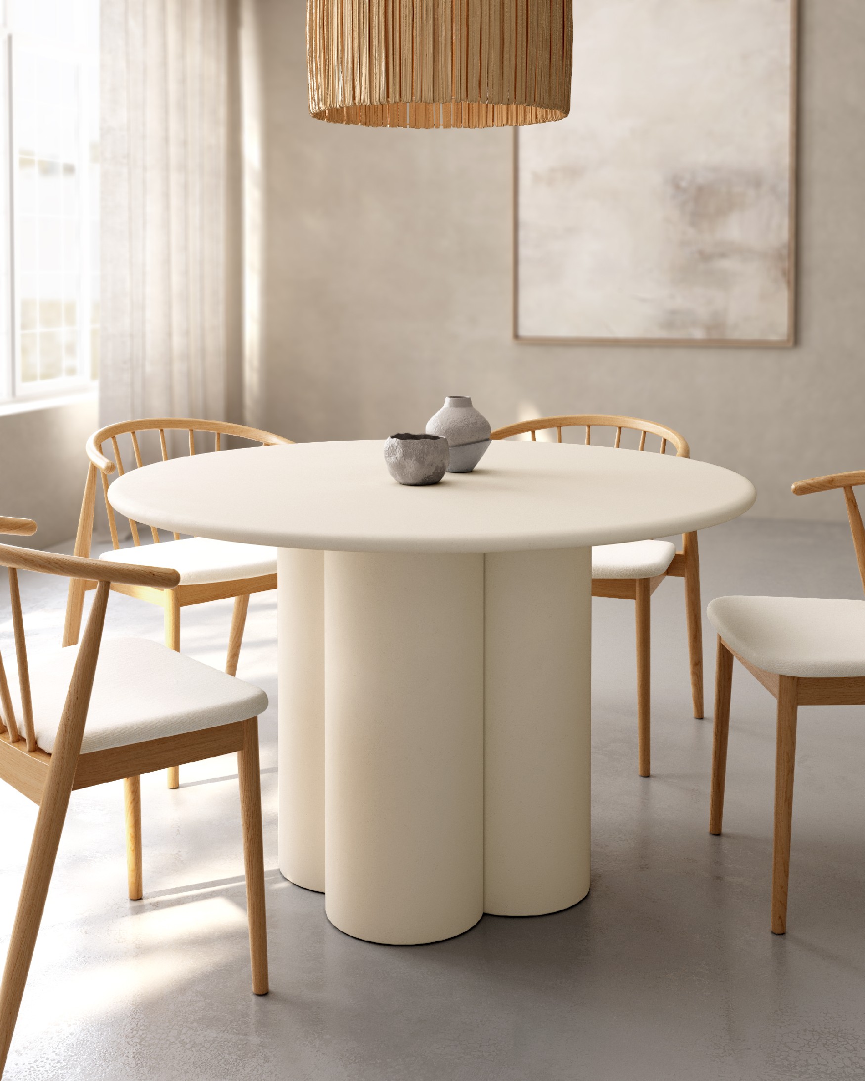Table ronde Gaia en MDF avec finition en micro-ciment beige Ø 120 cm