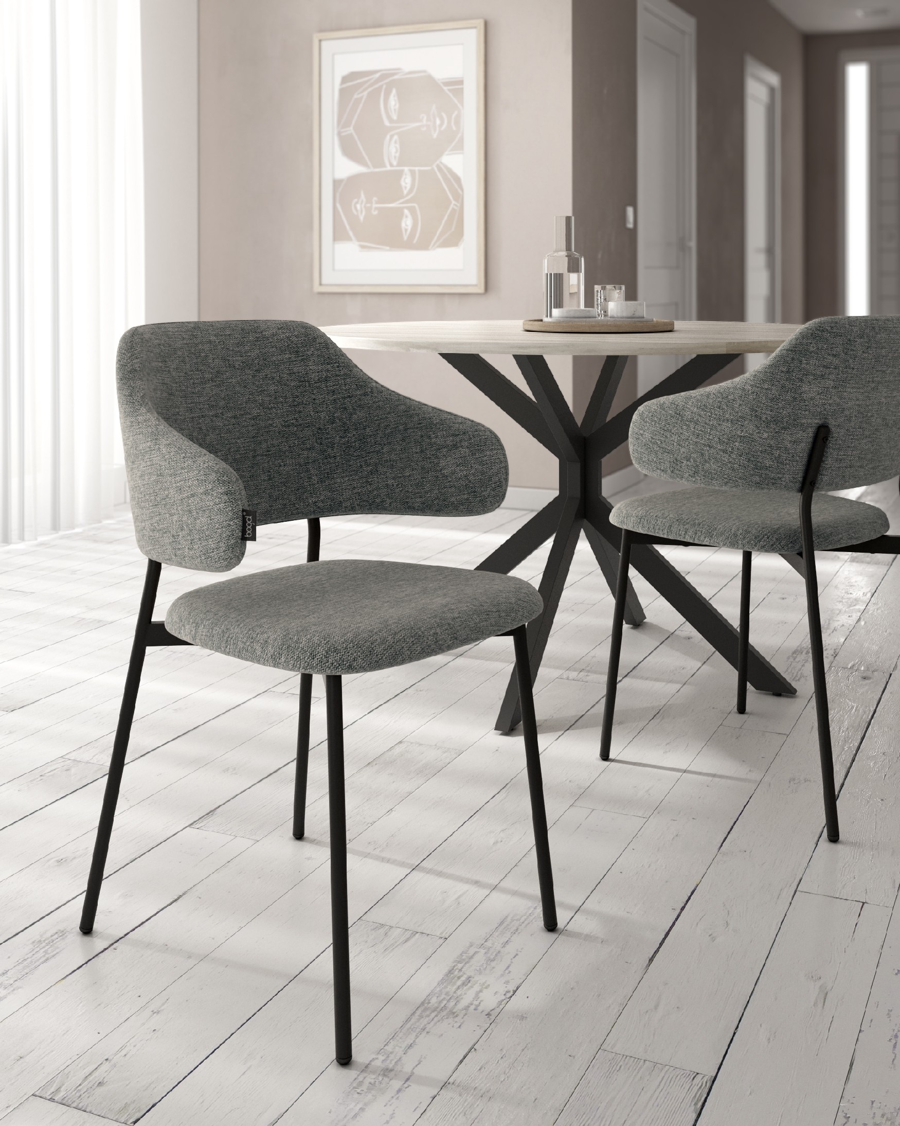 Silla Gante con tapizado gris y patas metálicas negras