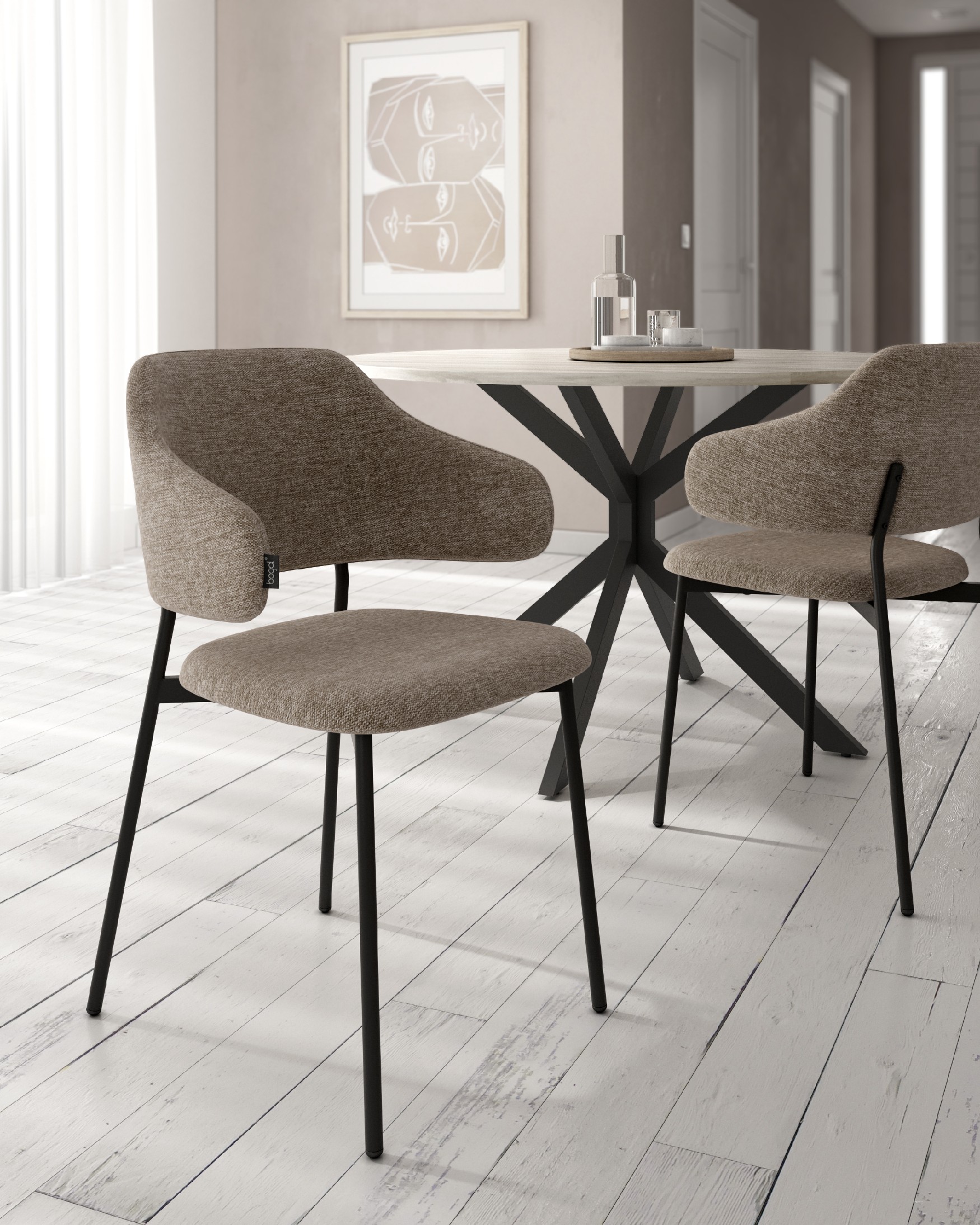 Gante chair with brown upholstery and black metal legs