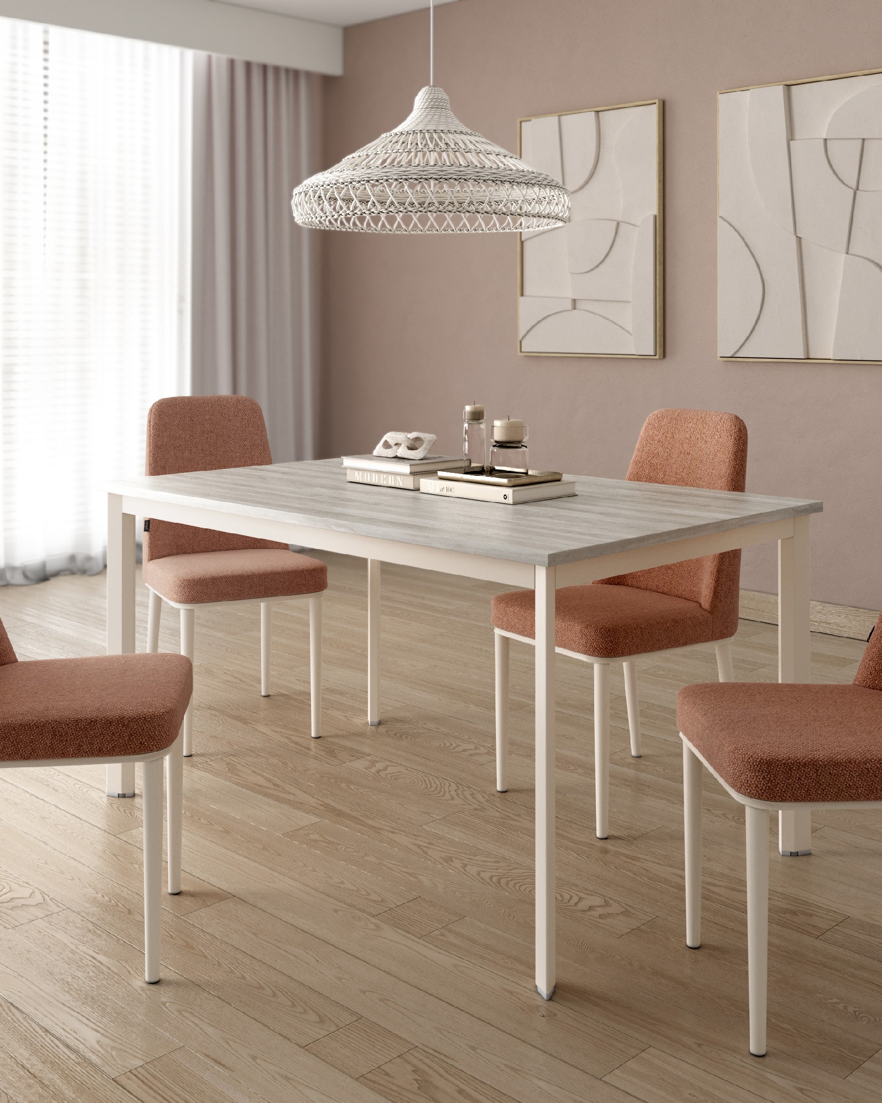 Mesa Garda con sobre de melamina artic y pata metálica marfil 180 x 90 cm