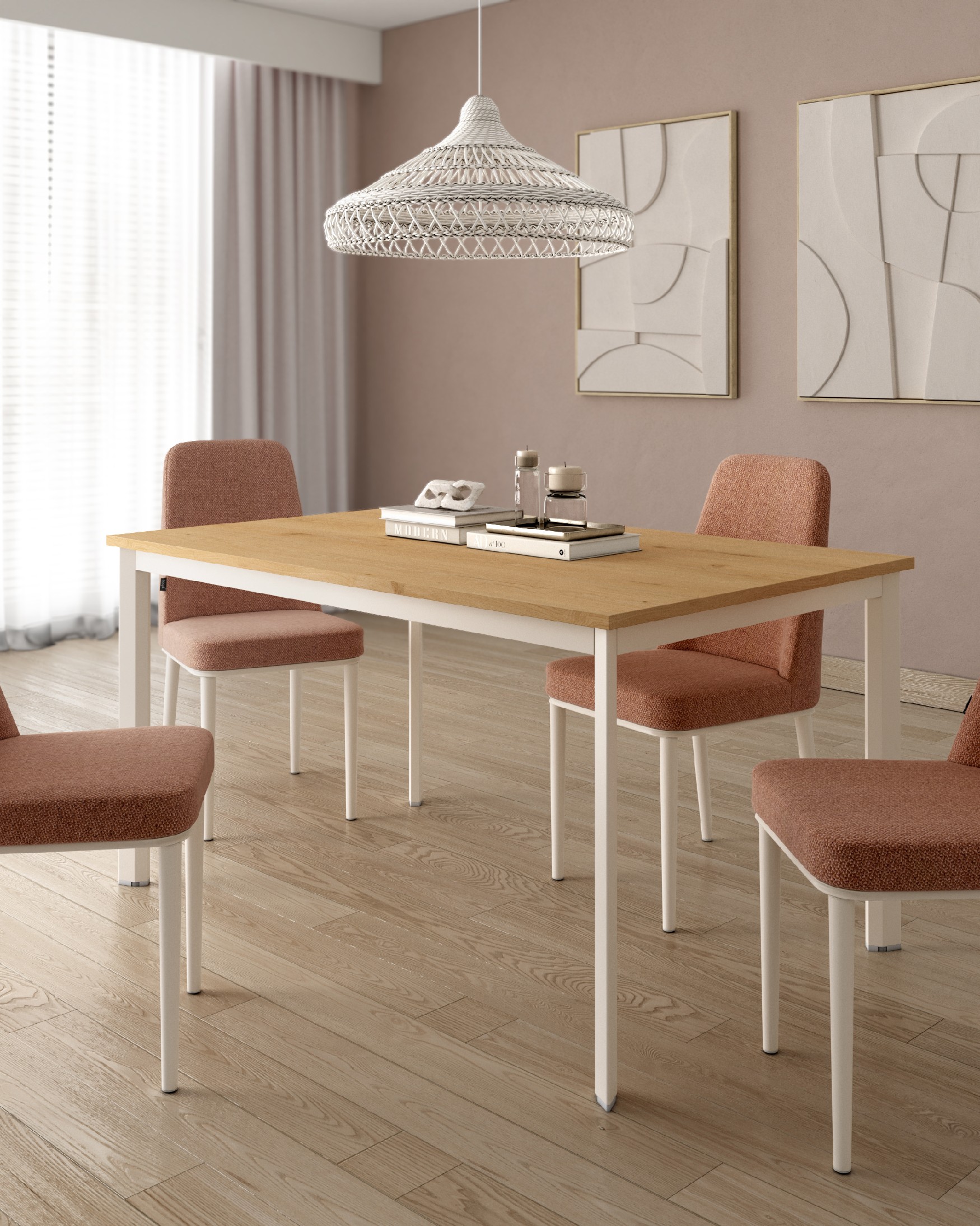 Table Garda avec plateau en mélamine chêne et pied en métal ivoire 160 x 90 cm