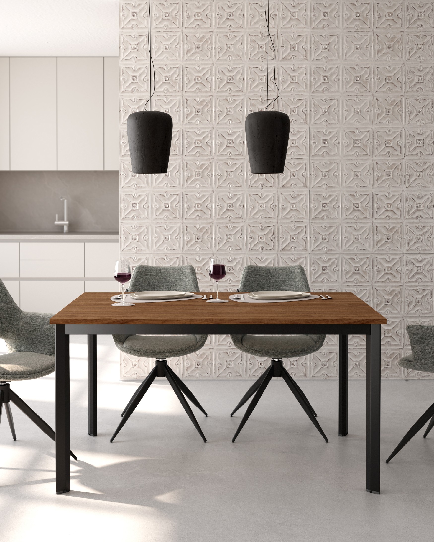 Mesa Garda con sobre de melamina roble natural y pata metálica negra 180 x 90 cm