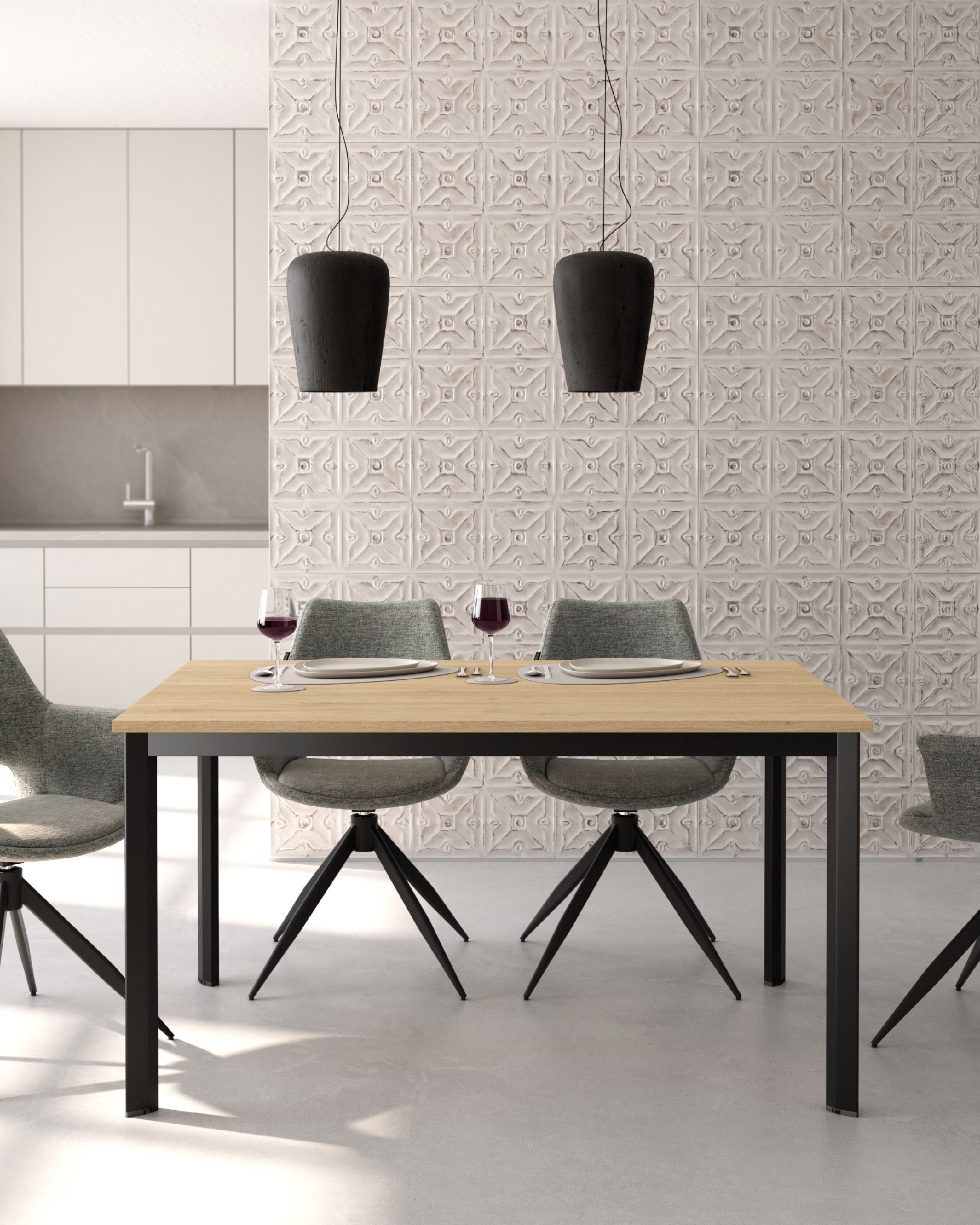 Mesa Garda con sobre de melamina roble natural y pata metálica negra 140 x 90 cm