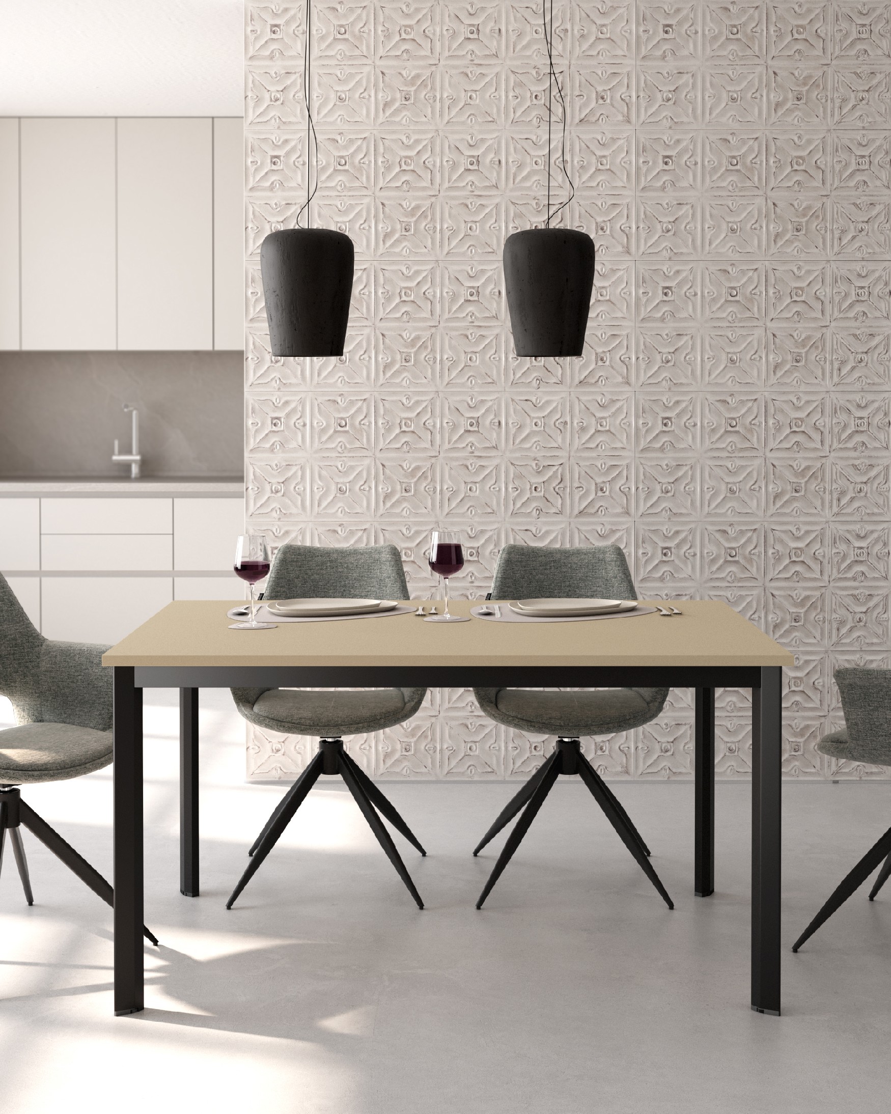 Garda table with pearl melamine top and black metal leg 120 x 80 cm