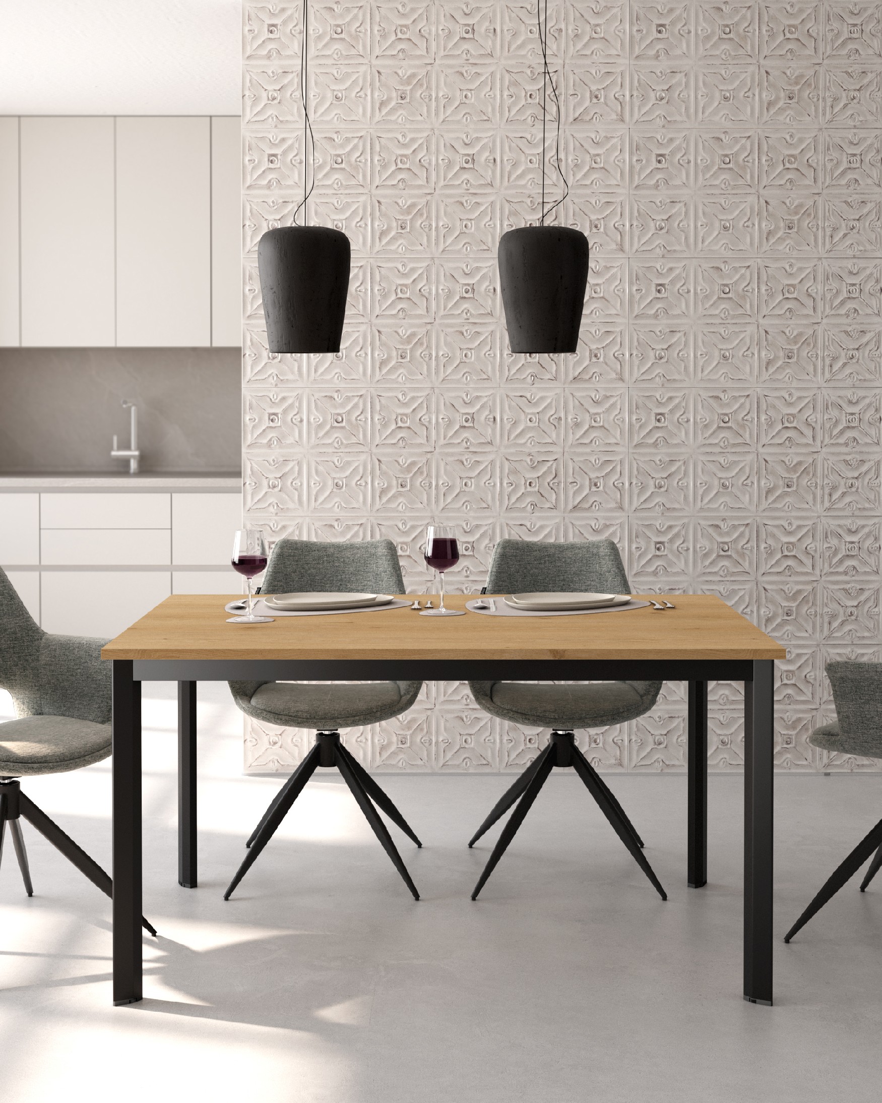Garda table with oak melamine top and black metal leg 90 x 90 cm