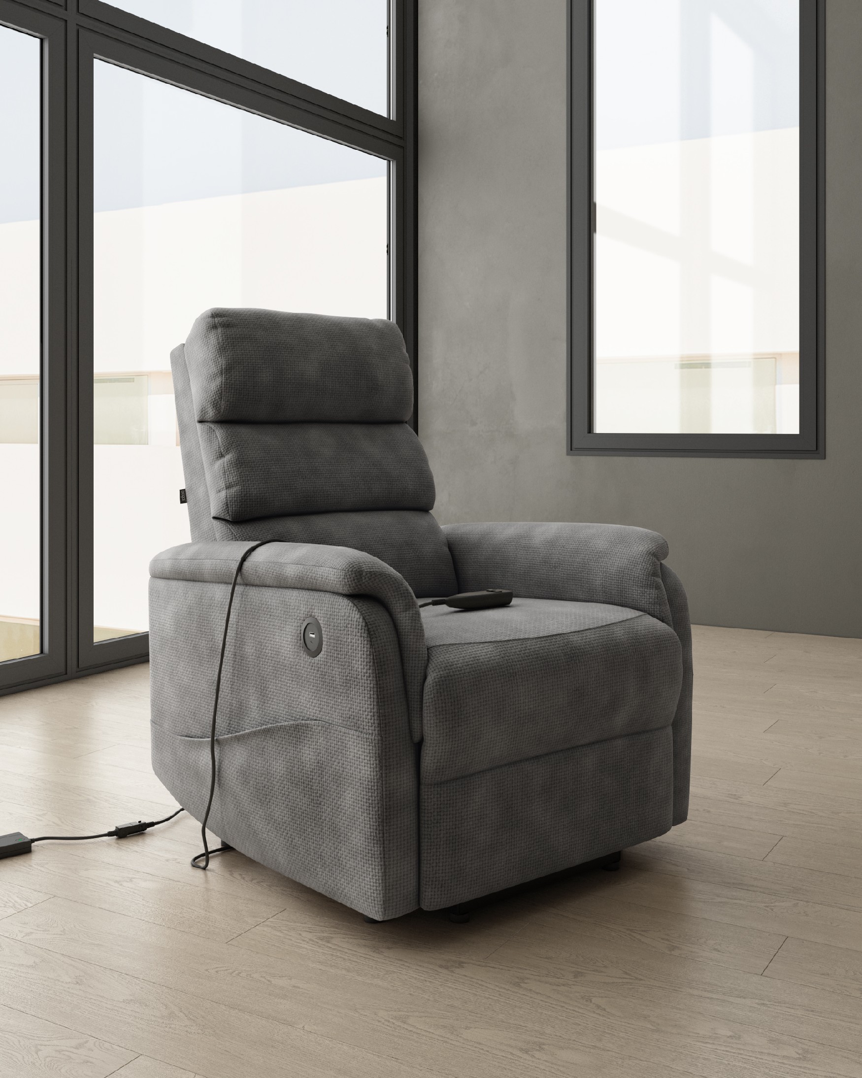 Butaca relax eléctrica Gina con power lift y tapizado gris