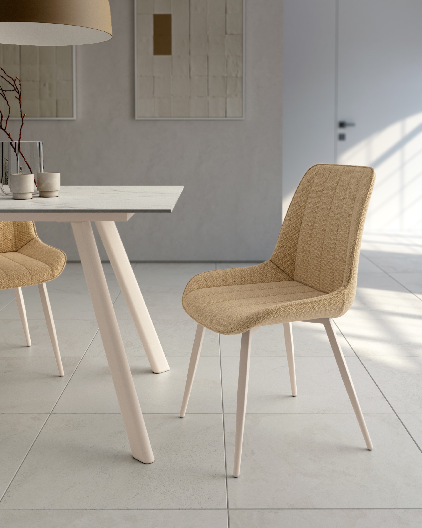 Helsinki chair with mustard upholstery and ivory metal legs
