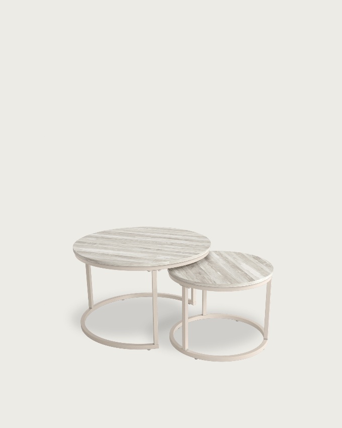 Set of 2 round side tables Huron with artic melamine top and ivory metal structure Ø 70 cm / Ø 50 cm