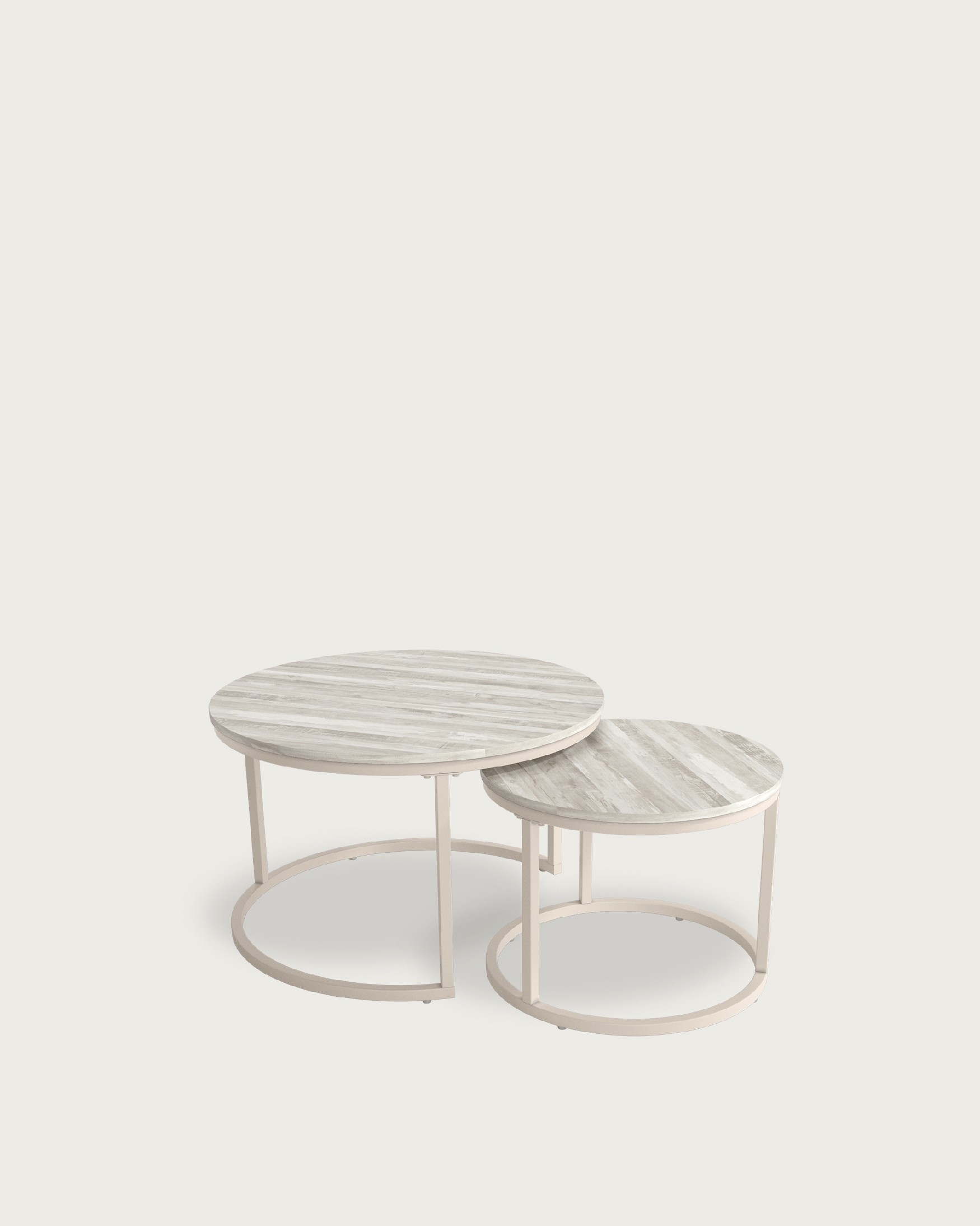 Jeu de 2 tables d'appoint rondes Huron avec plateau en mélamine artic et structure métallique ivoire Ø 70 cm / Ø 50 cm