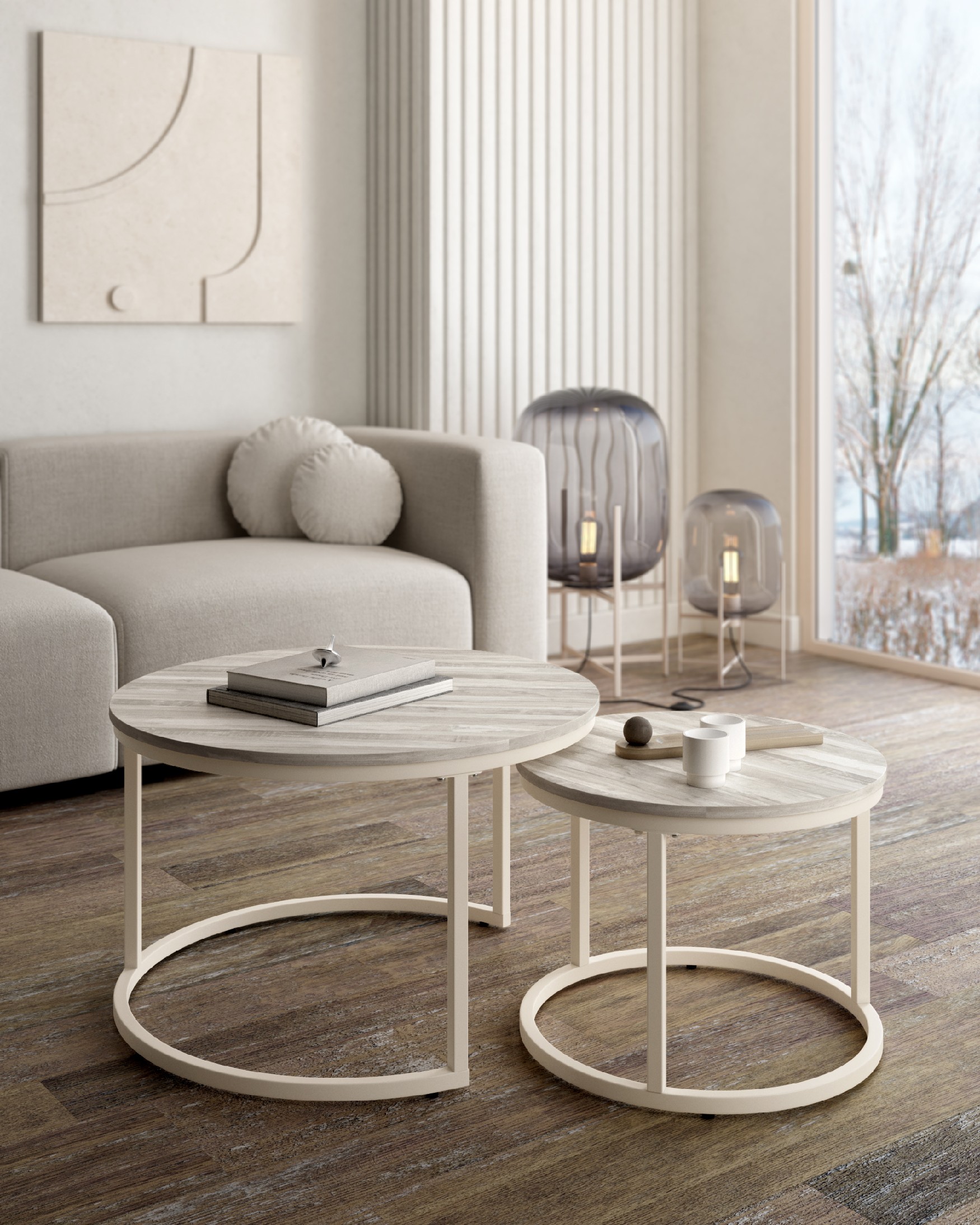 Jeu de 2 tables d'appoint rondes Huron avec plateau en mélamine artic et structure métallique ivoire Ø 70 cm / Ø 50 cm