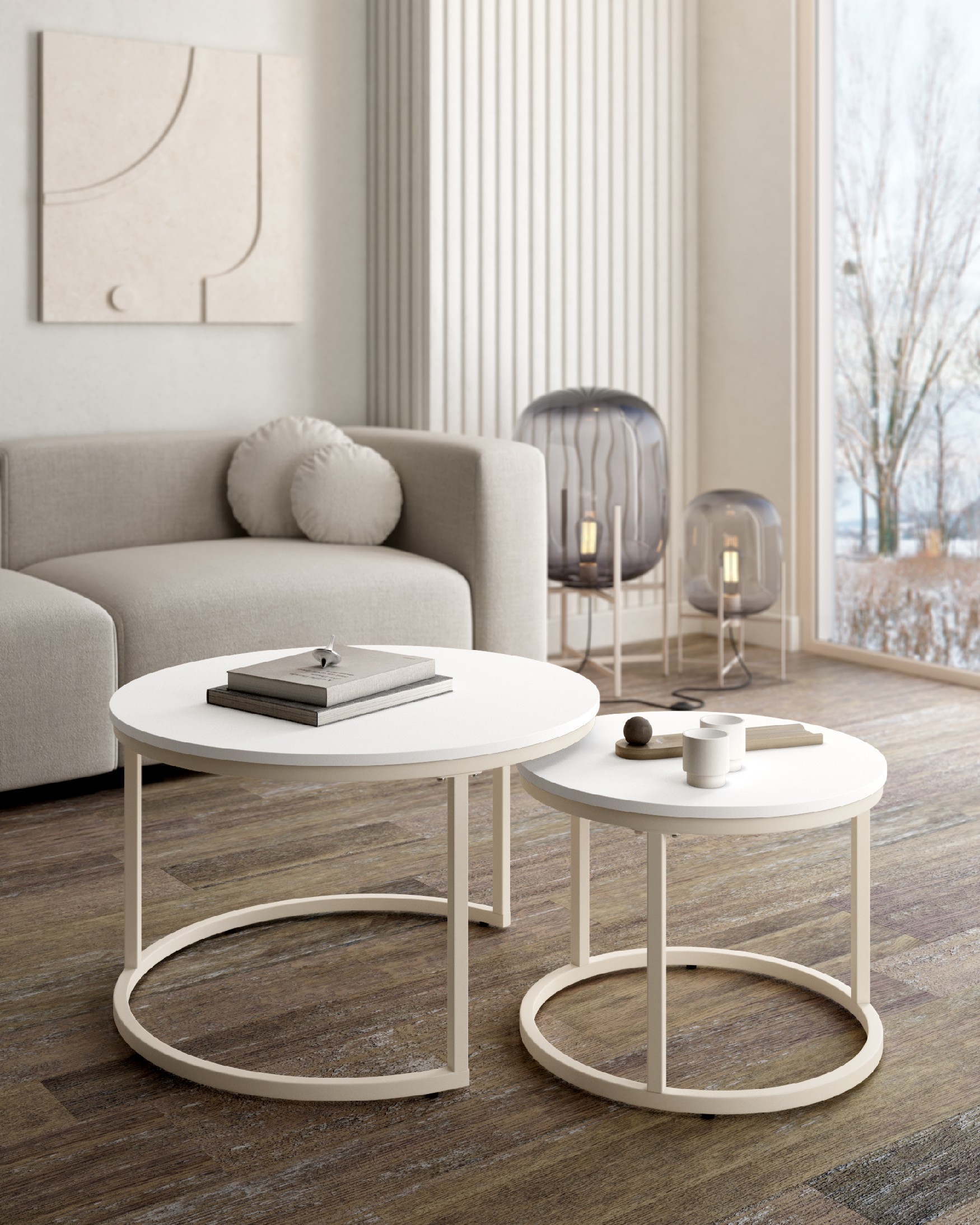 Set of 2 round side tables Huron with extra white melamine top and ivory metal structure Ø 70 cm / Ø 50 cm