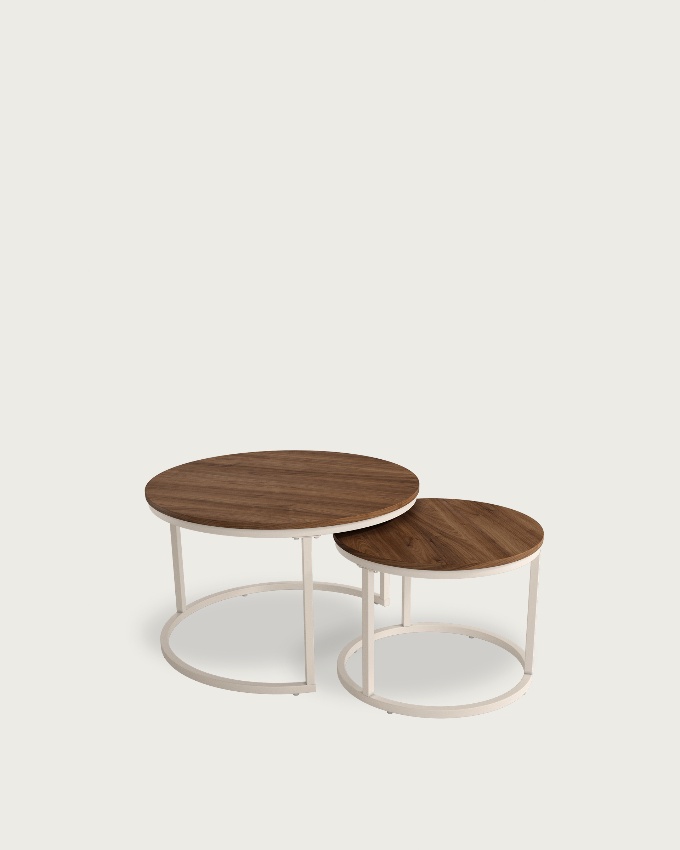 Set of 2 round side tables Huron with java melamine top and ivory metal structure Ø 70 cm / Ø 50 cm