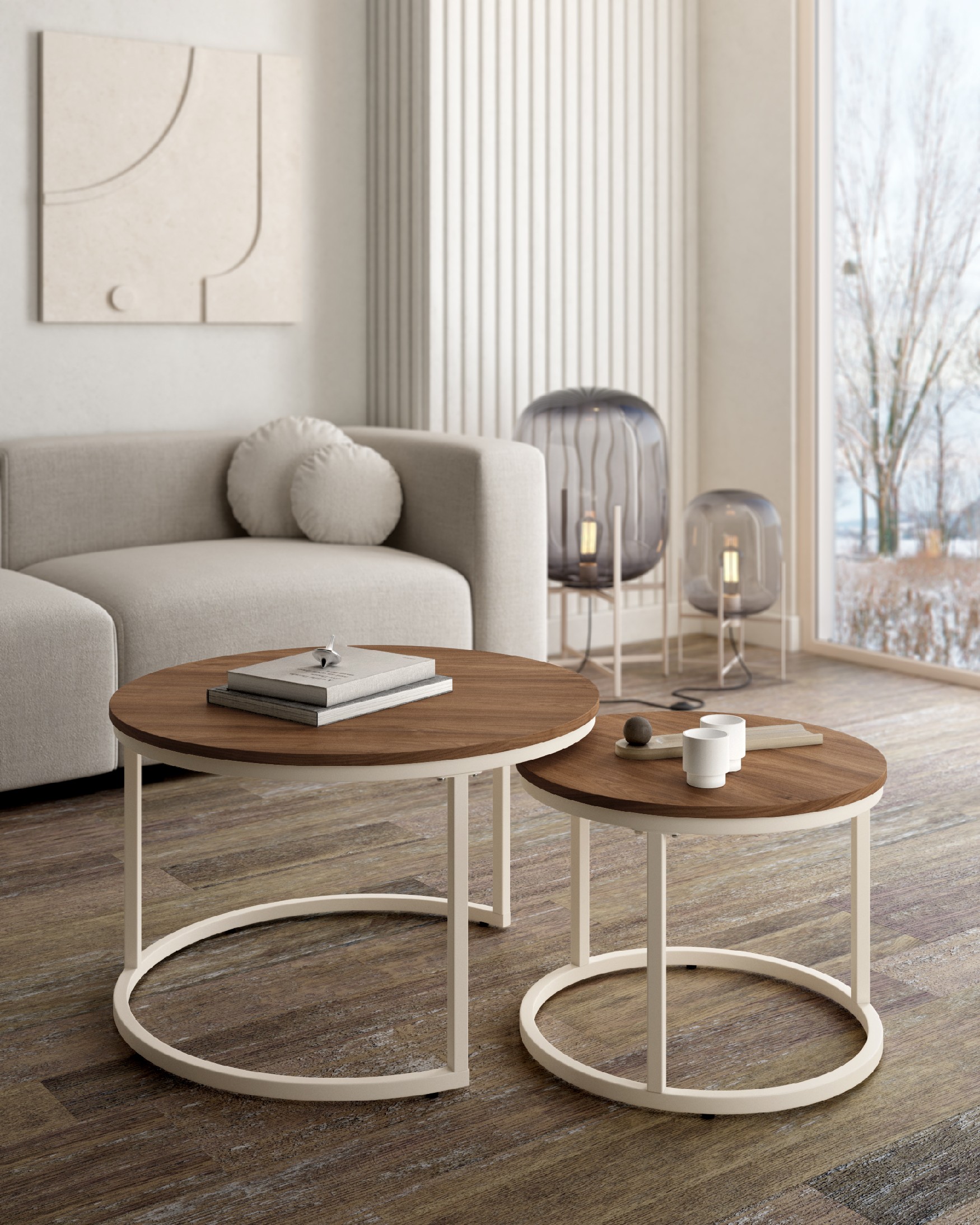 Set of 2 round side tables Huron with java melamine top and ivory metal structure Ø 70 cm / Ø 50 cm