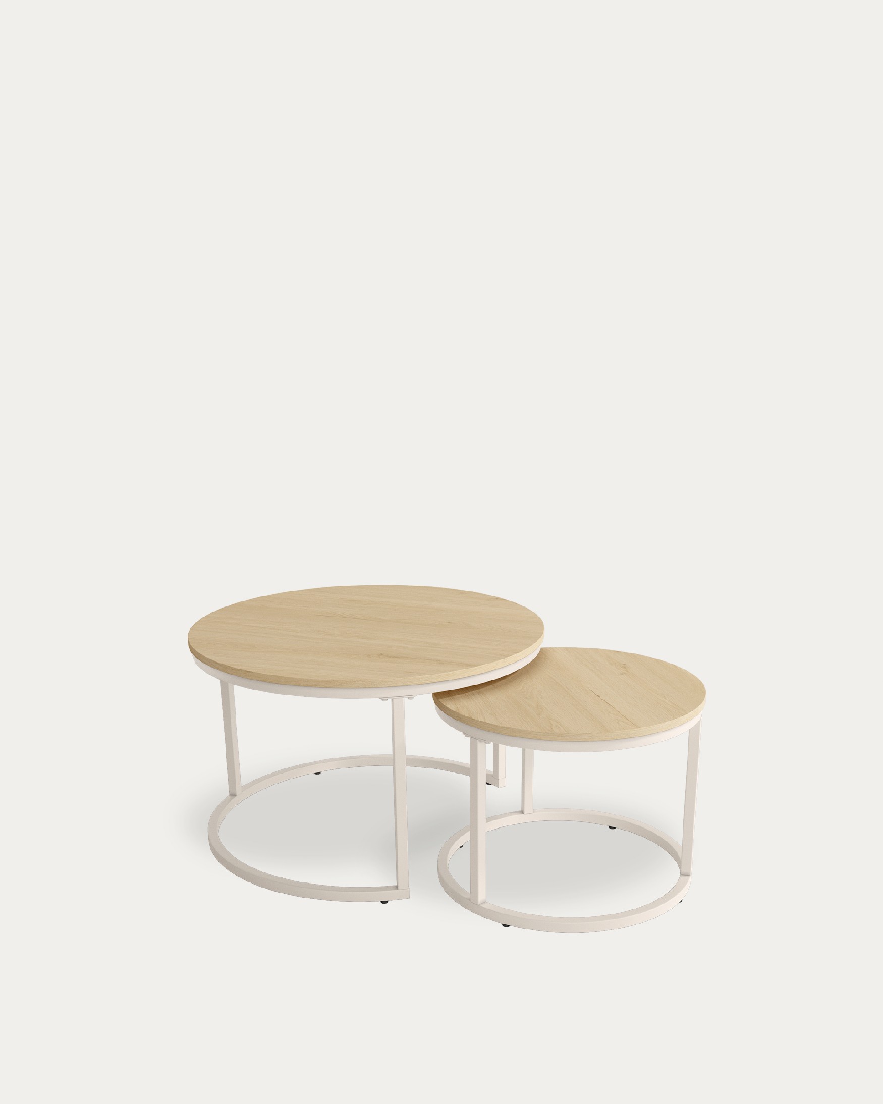 Set of 2 round side tables Huron with natural oak melamine top and ivory metal structure Ø 70 cm / Ø 50 cm
