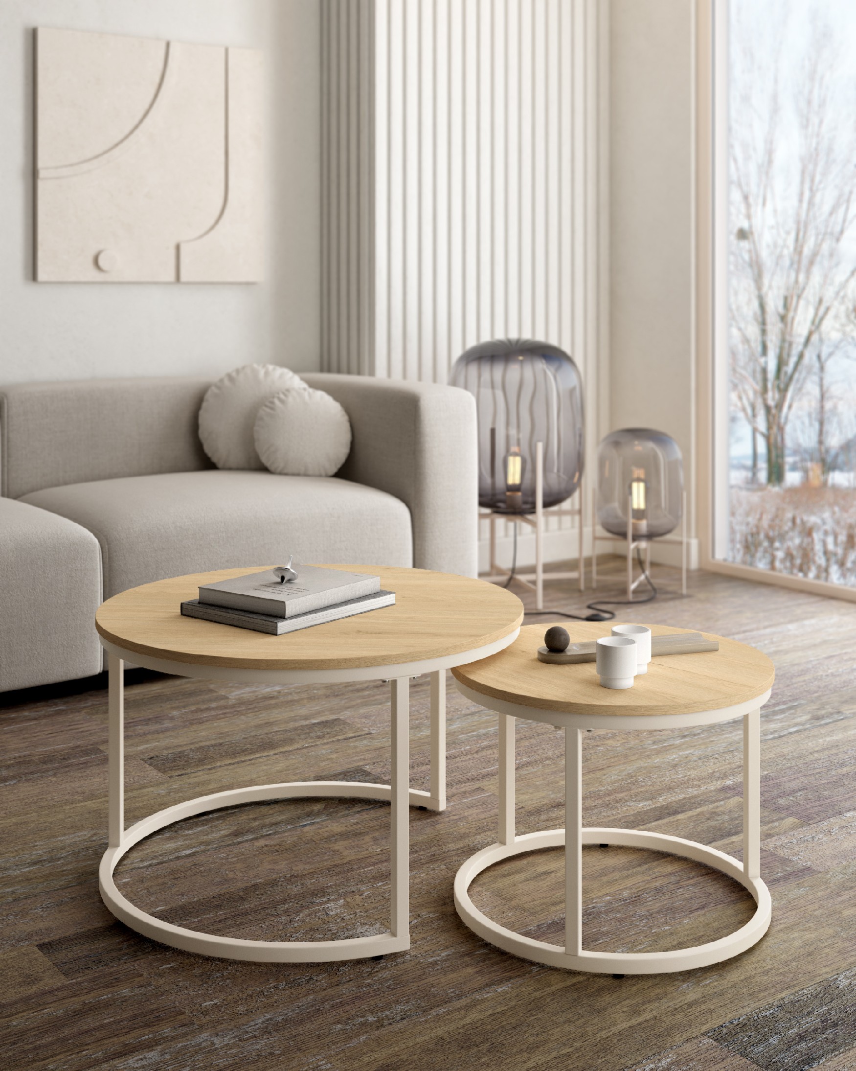 Set of 2 round side tables Huron with natural oak melamine top and ivory metal structure Ø 70 cm / Ø 50 cm