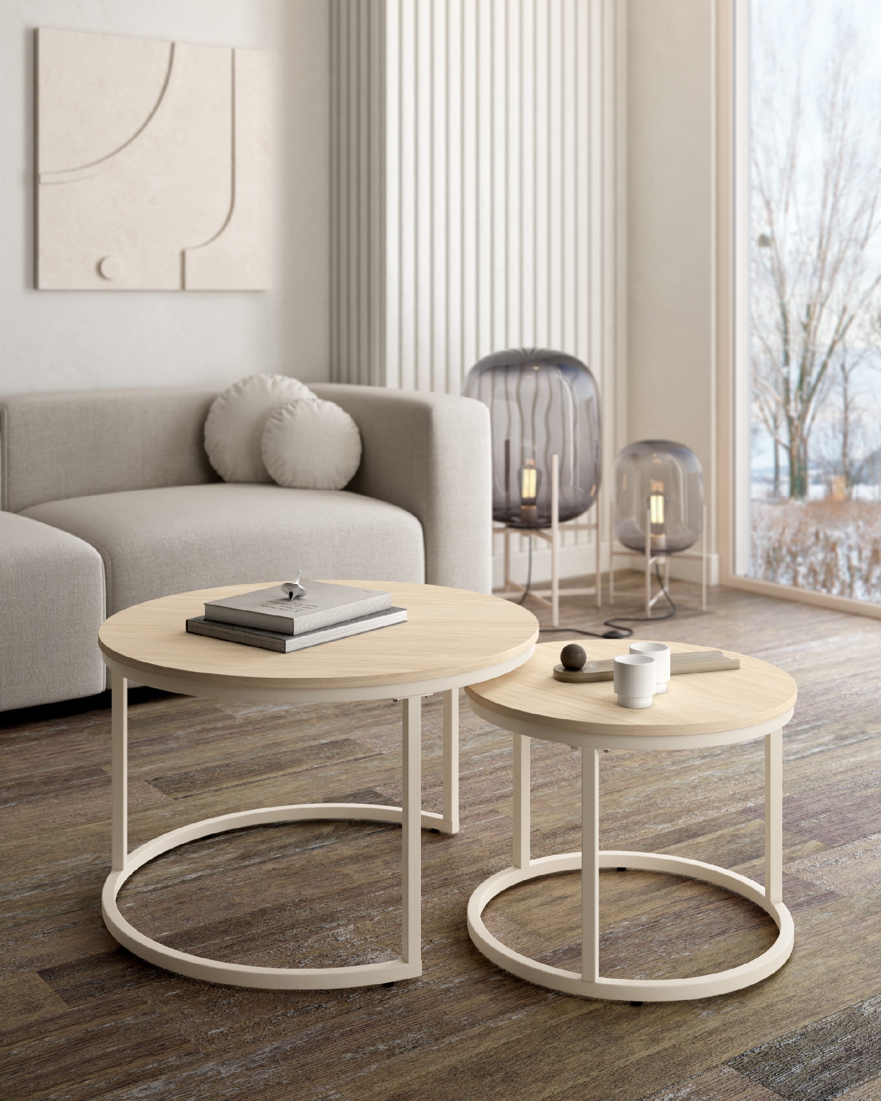 Set of 2 round auxiliary tables Huron with alpine melamine top and ivory metal structure Ø 70 cm / Ø 50 cm