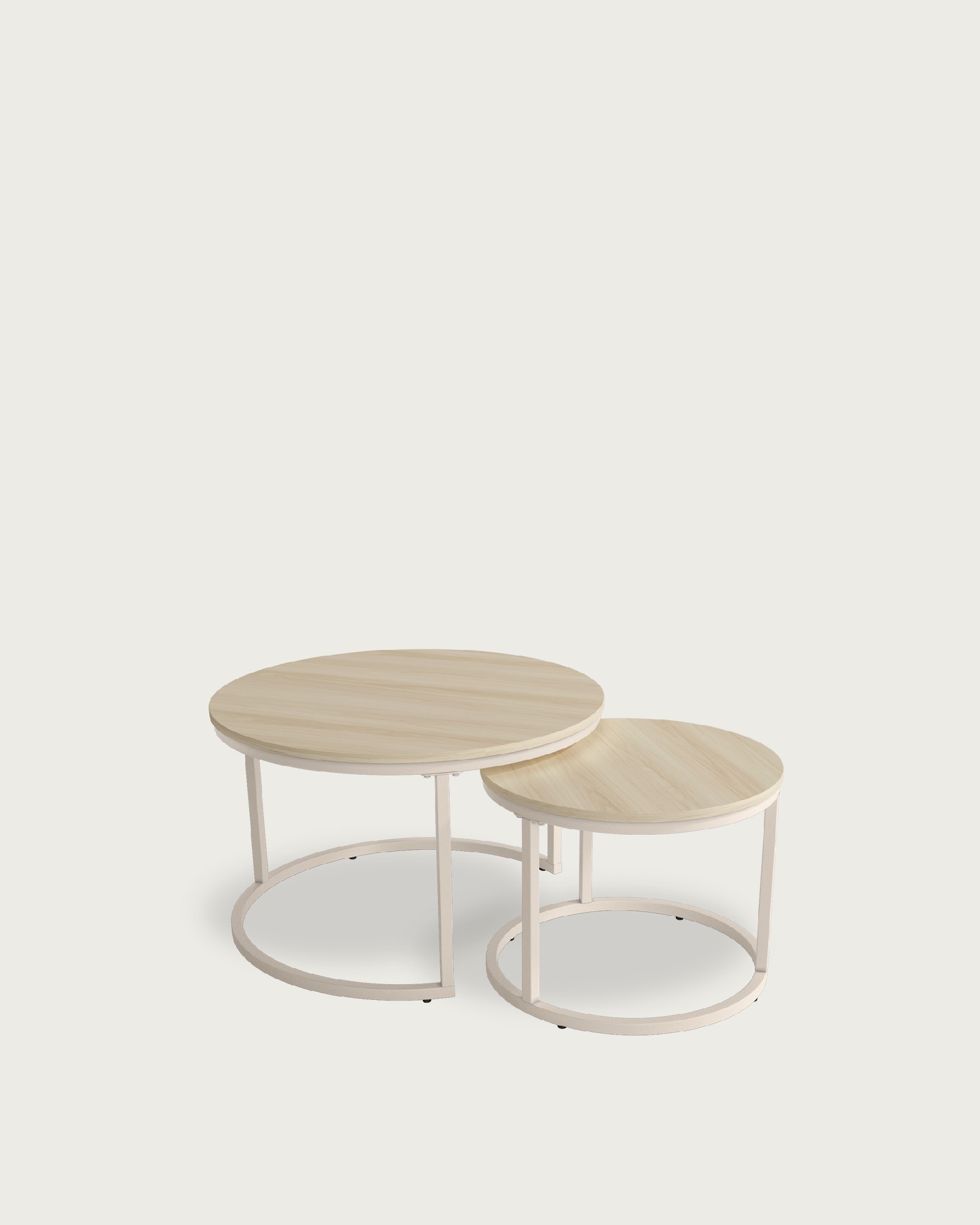 Set of 2 round side tables Huron with oak melamine top and ivory metal structure Ø 70 cm / Ø 50 cm