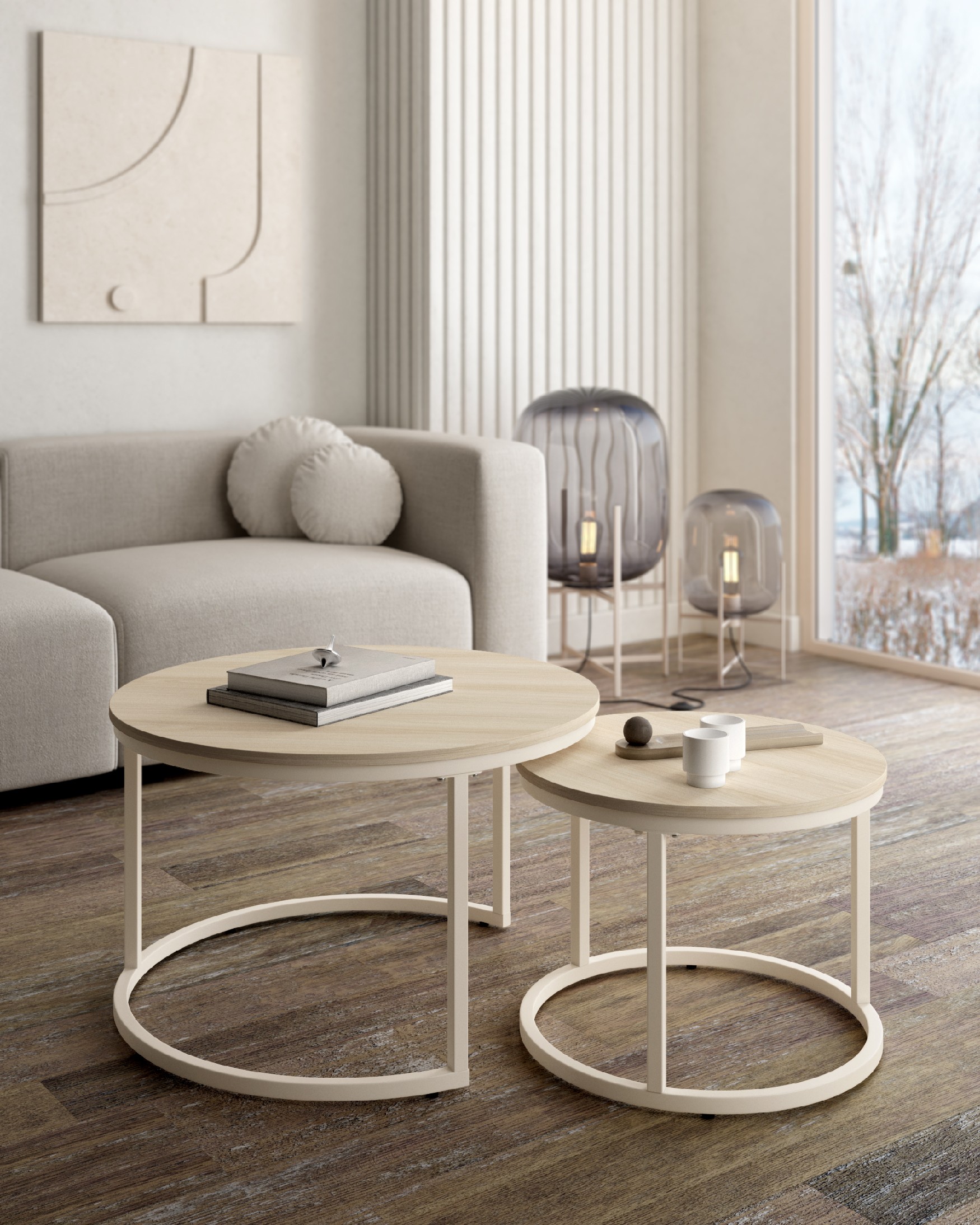 Set of 2 round side tables Huron with oak melamine top and ivory metal structure Ø 70 cm / Ø 50 cm