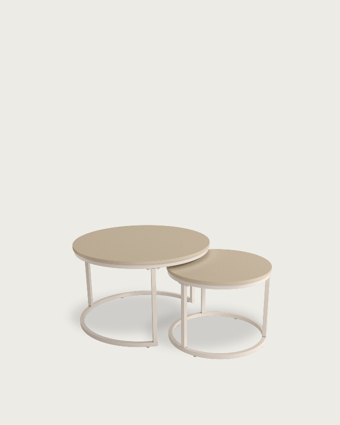 Set of 2 round side tables Huron with pearl melamine top and ivory metal frame Ø 70 cm / Ø 50 cm