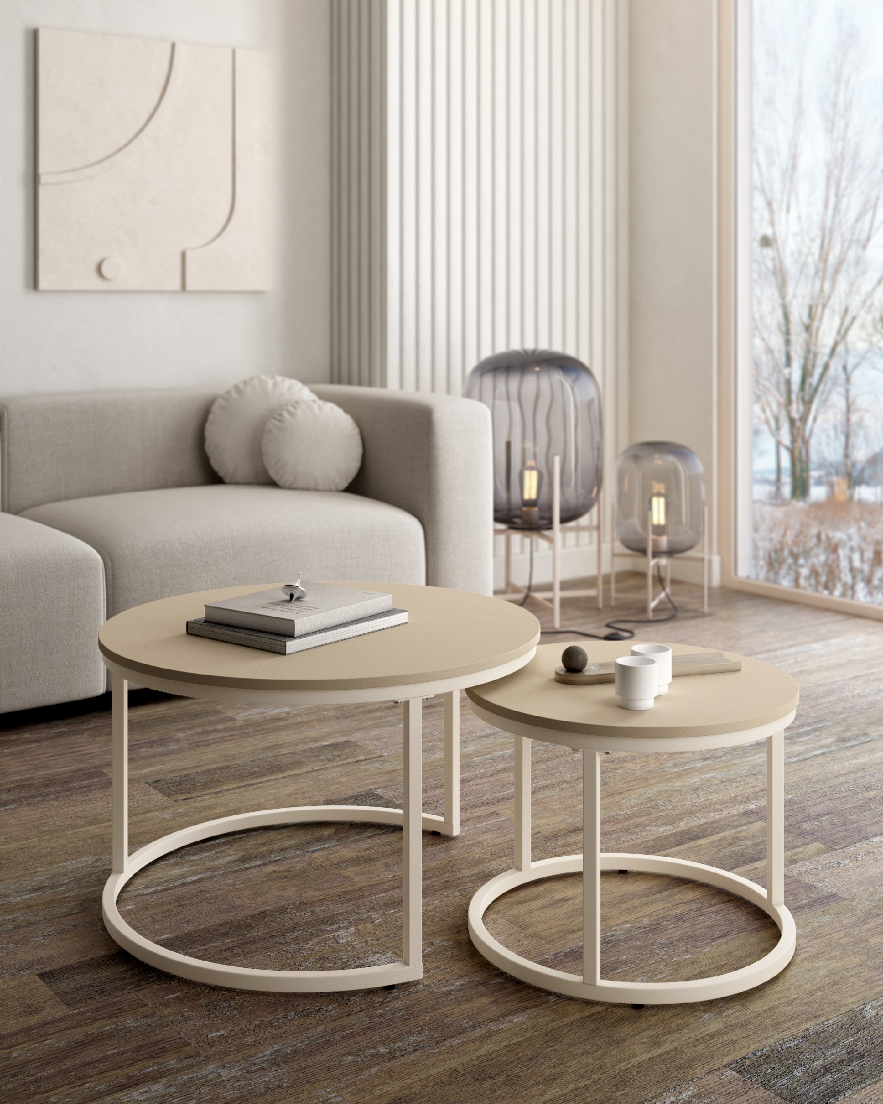 Set of 2 round side tables Huron with pearl melamine top and ivory metal frame Ø 70 cm / Ø 50 cm