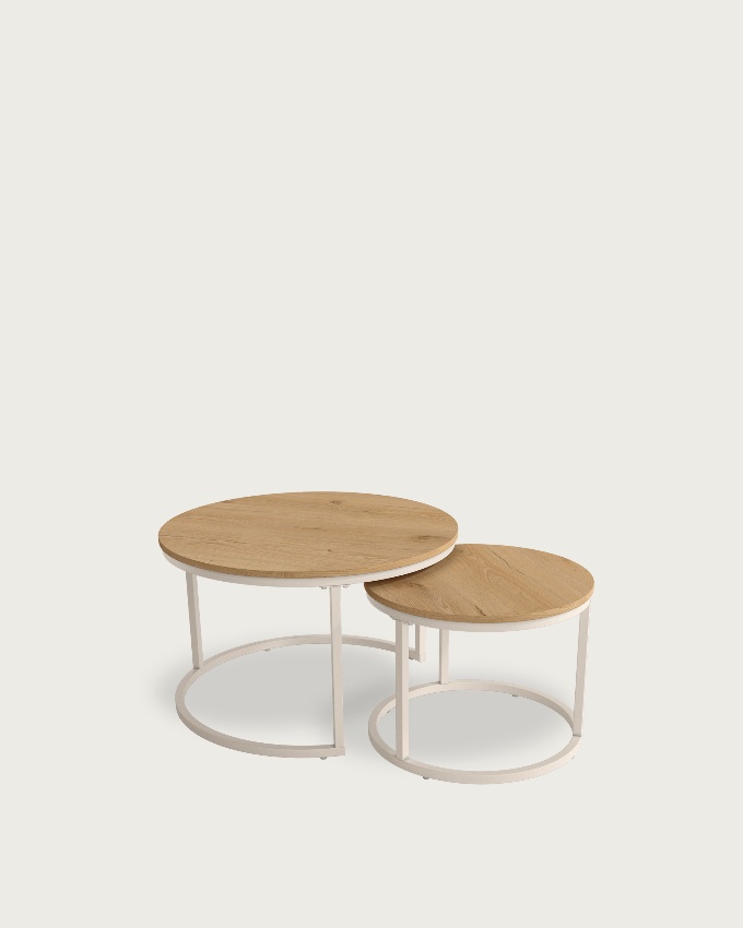 Set of 2 round side tables Huron with oak melamine top and ivory metal structure Ø 70 cm / Ø 50 cm