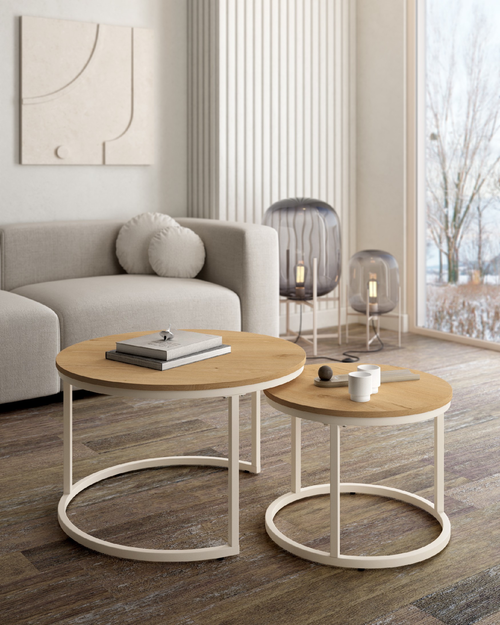 Set of 2 round side tables Huron with oak melamine top and ivory metal structure Ø 70 cm / Ø 50 cm