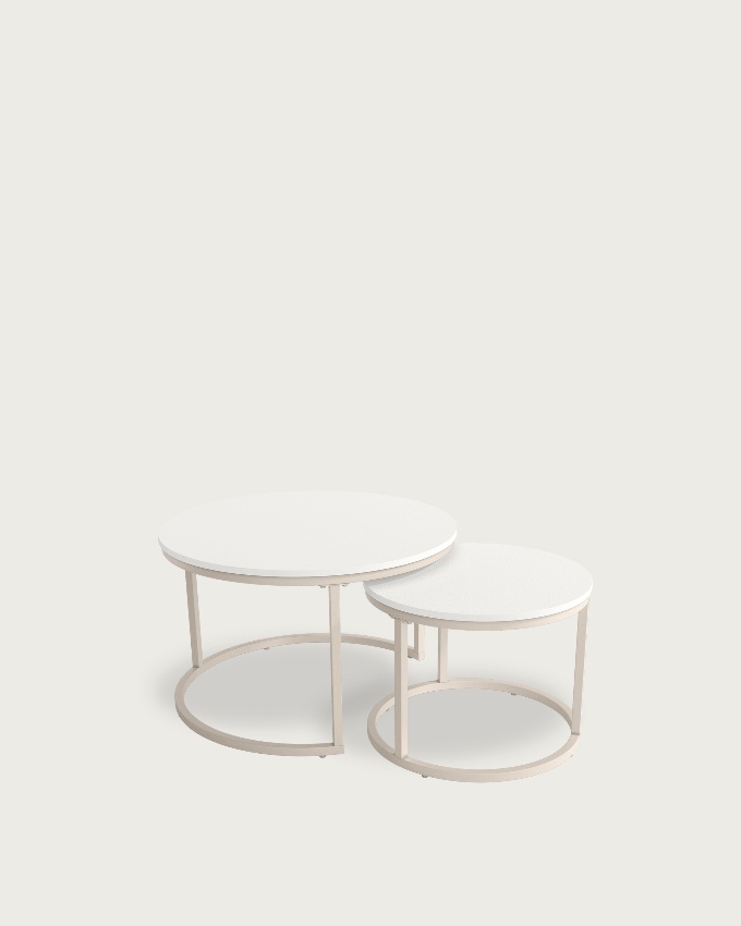 Set of 2 round side tables Huron with white soul melamine top and ivory metal structure Ø 70 cm / Ø 50 cm