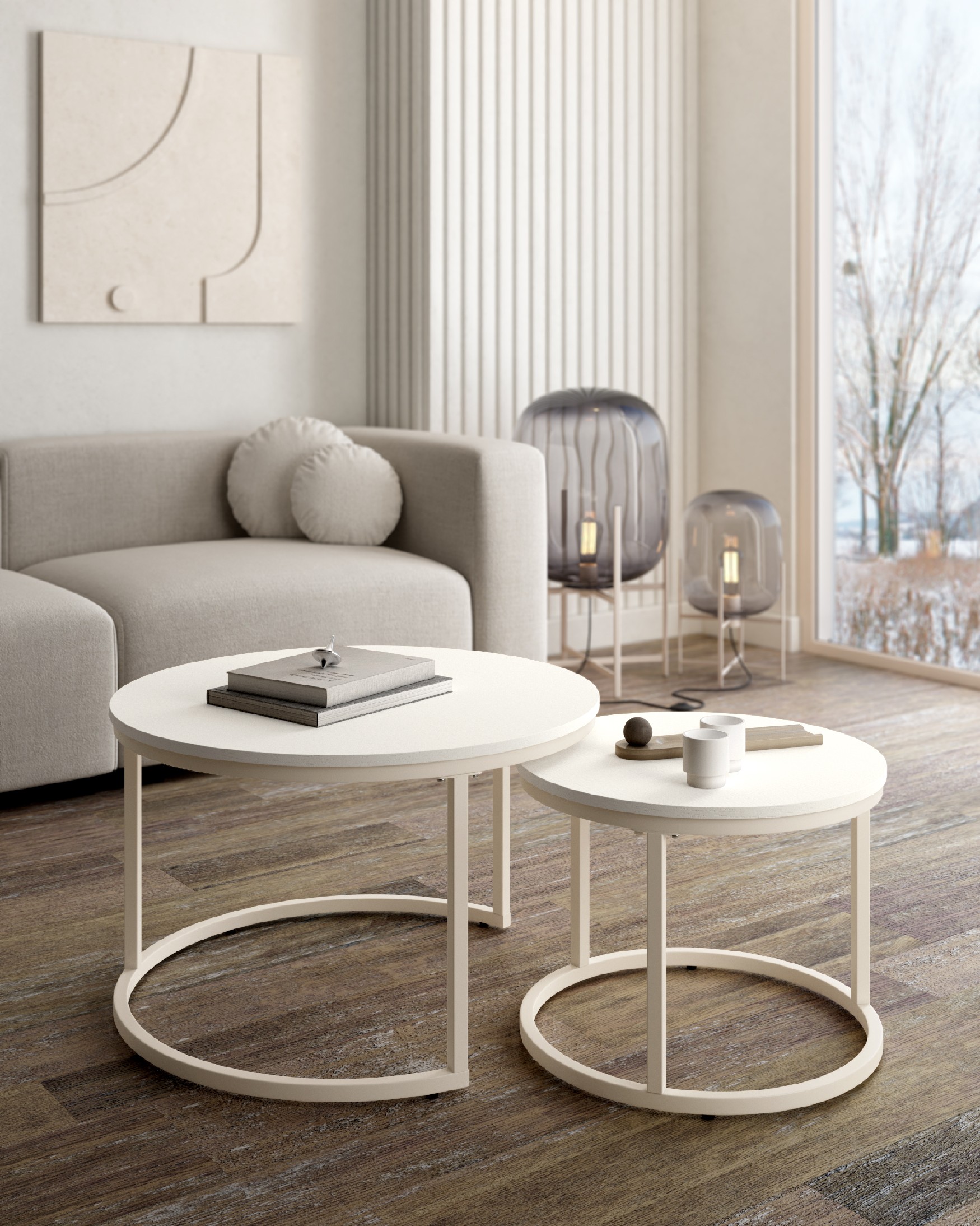 Set of 2 round side tables Huron with white soul melamine top and ivory metal structure Ø 70 cm / Ø 50 cm